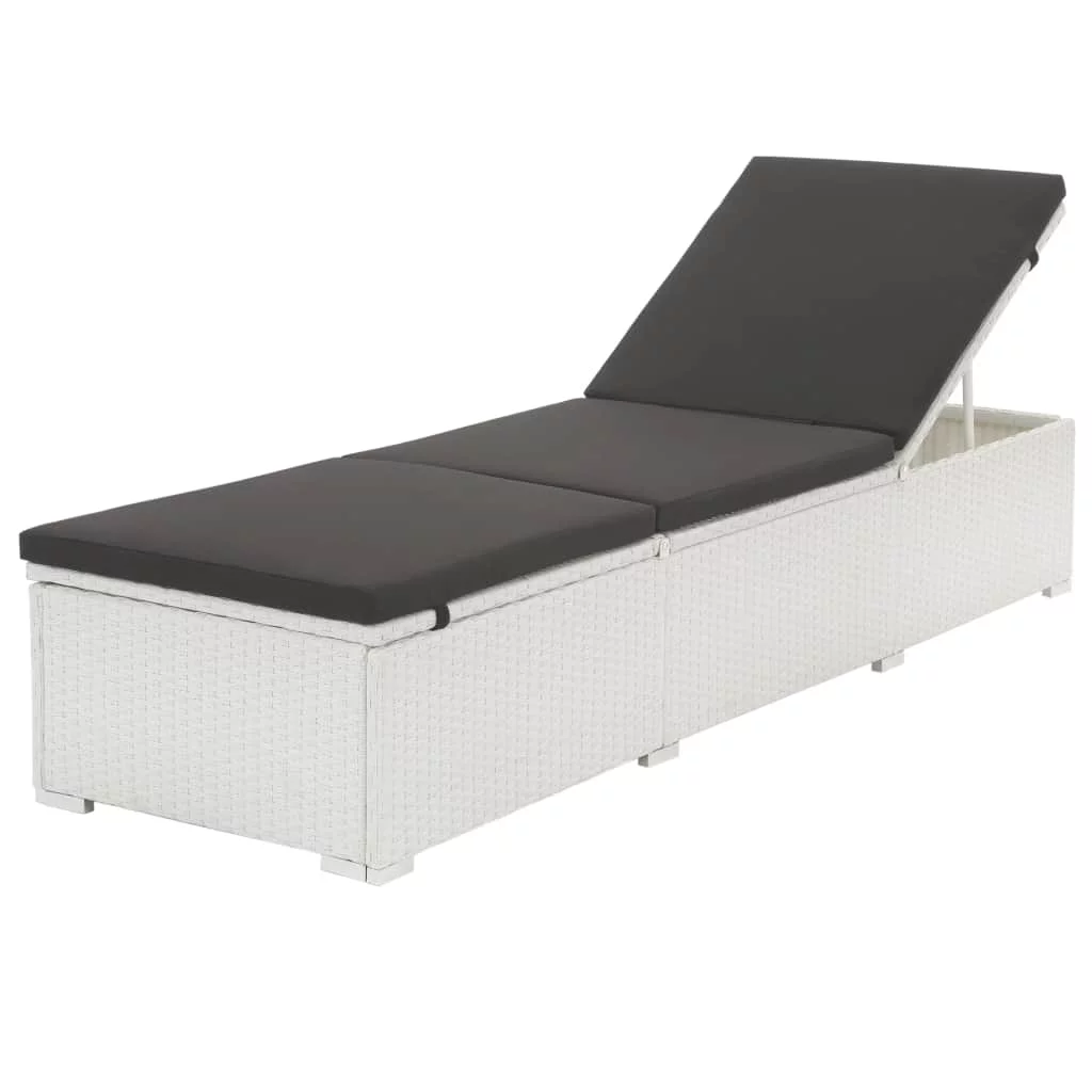 Anself Patio Sun Lounger Bed White Poly Rattan Reclining Chaise Lounge Chair with Cushion Both Side Adjustable Sunlounger Outdoor Poolside Deck Garden Backyard Balcony Furniture