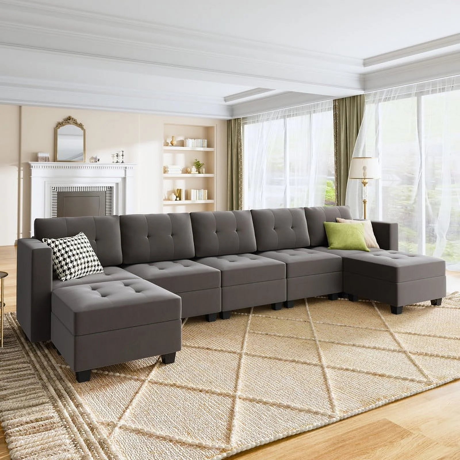 HONBAY Mid-Century Tufted Sofa Sectionals For Living Room, Pearl Grey