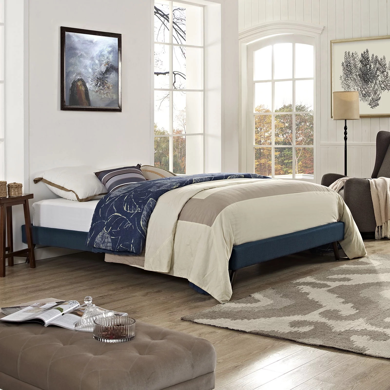 Modway Helen Queen Fabric Bed Frame with Round Splayed Legs in Azure