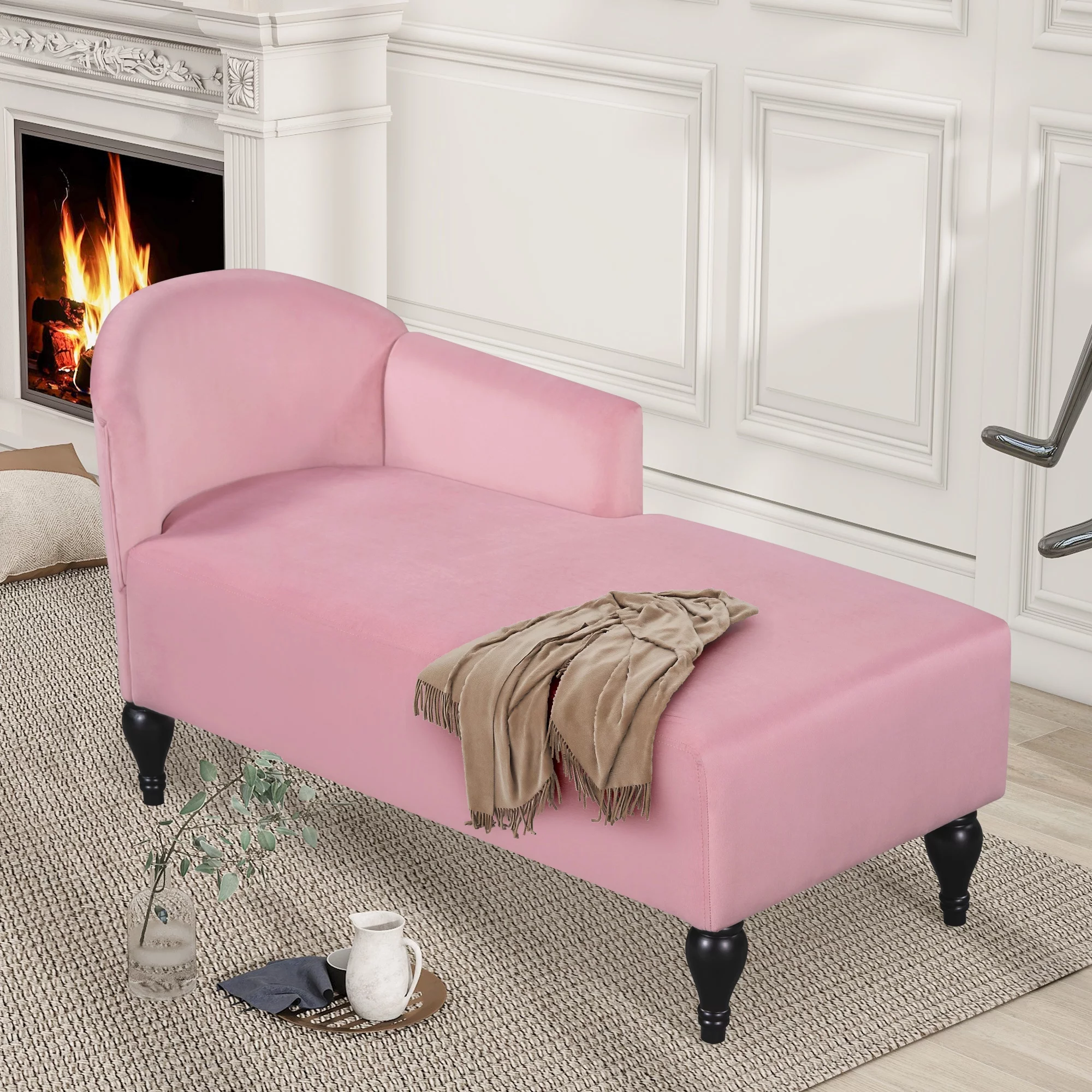 Mid-Century Modern Velvet Chaise Lounge with Right Arms, Upholstered Chair Sleeper Sofa Bed Recliner with Solid Wood Legs for Living Room Bedroom