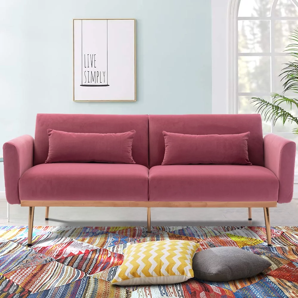 Pink Futon Couch, KAMIDA Convertible Sofa Bed with 2 Pillows, Velvet Sofa Bed Sleeper, Modern Futon Sofa Bed with Rose Golden Metal Legs, Heavy Duty Couch Furniture for Home Living Room Bedroom