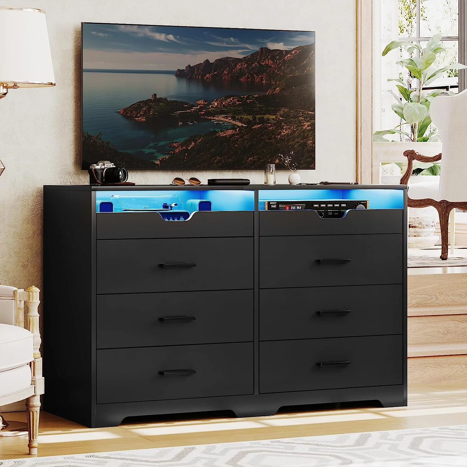 Black Dresser with LED Lights&6 Drawers&Pull-Out Tray for Bedroom, Modern Chest of Drawers Storage Cabinets for Living Room