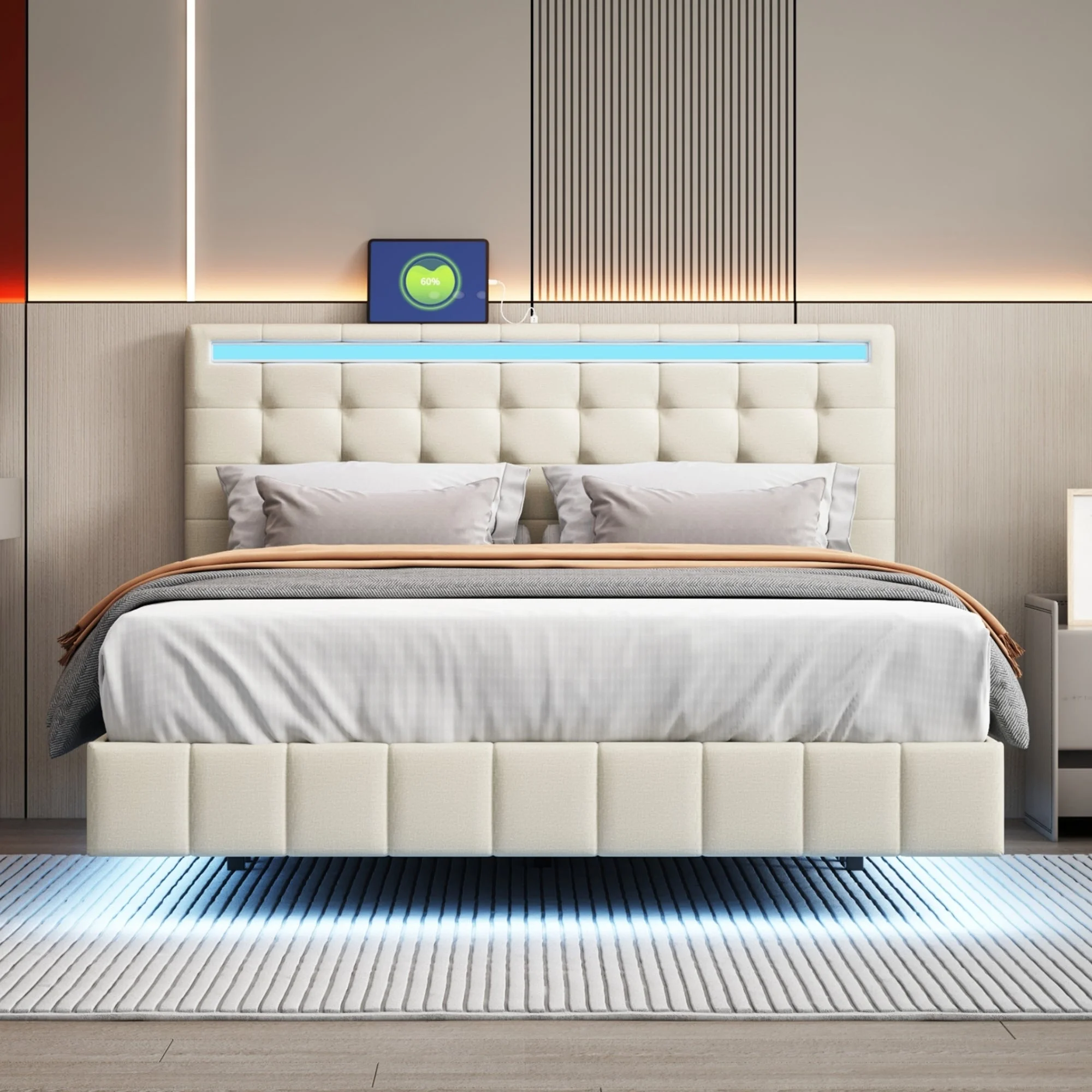 Marc Queen Size Floating Bed Frame with LED  - Beige
