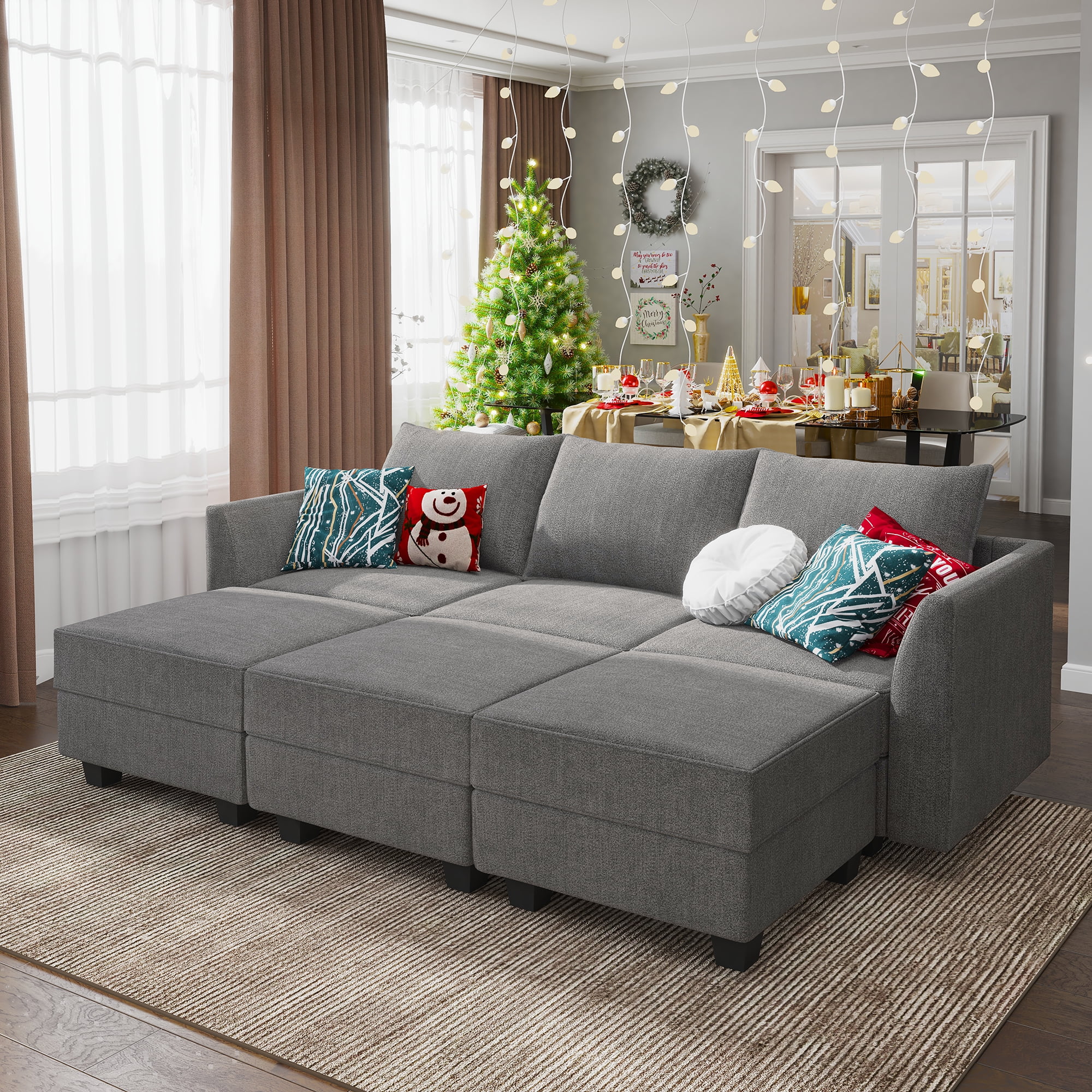 HONBAY Modern Convertible Sleeper Sofa Bed with Storage Ottomans and 6 pieces Sleeper Sectional Couch Sofa, Grey