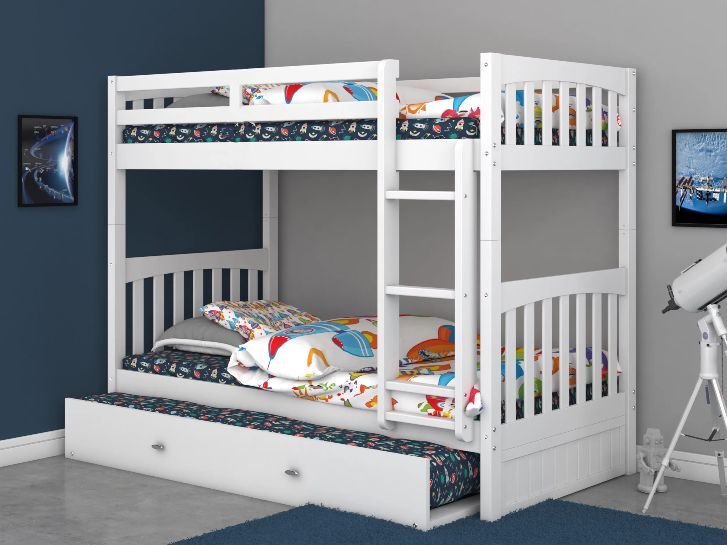 Twin over Twin Bunk Bed with Trundle in White by Discovery World Furniture