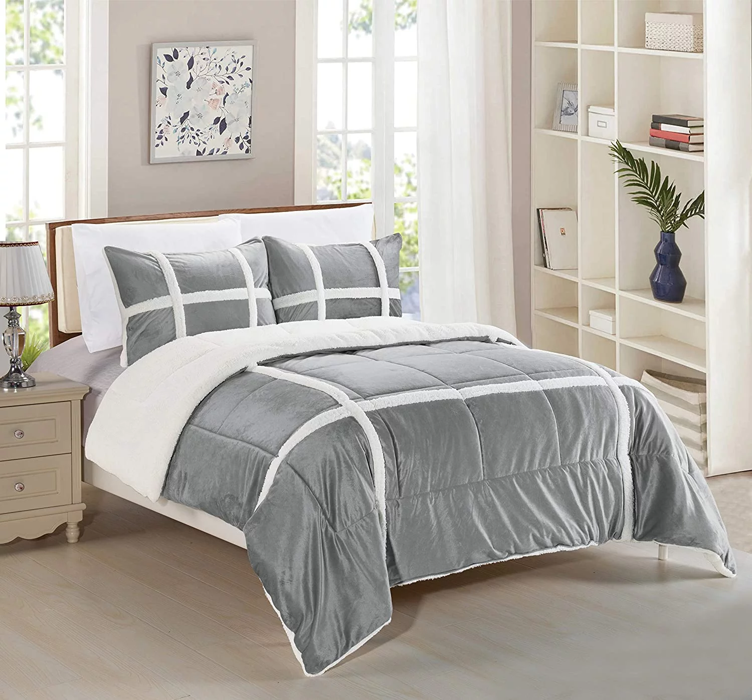 Elegant Comfort Micromink Stripe Lined Sherpa Solid Print Microfiber Reversible Comforter Set, King/California King, Gray, 10-Pieces