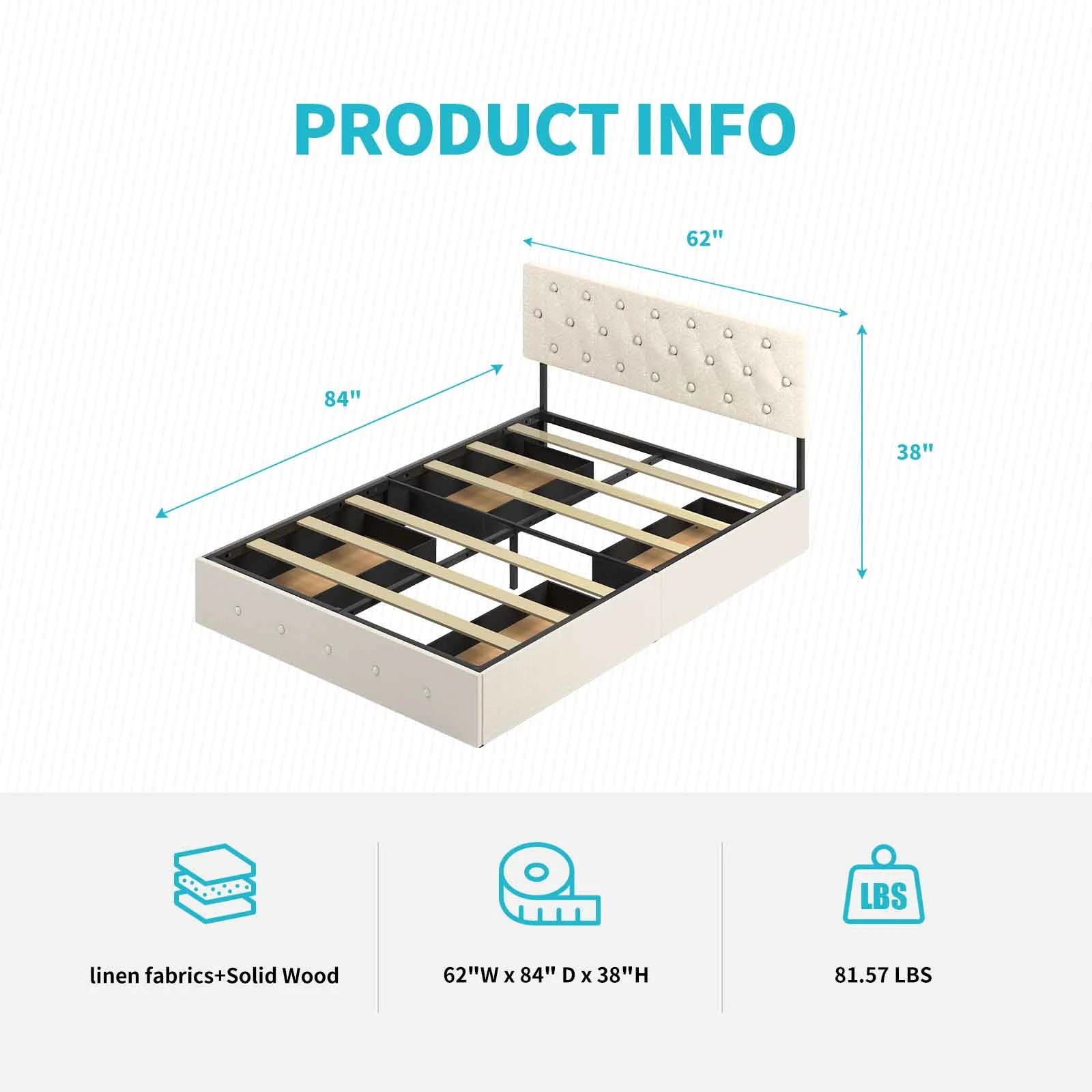 CECER Queen Size Bed Frame, Bed Frame with 4 Built-in Storage Drawers & Adjustable Headboard, Button Tufted Design- Beige