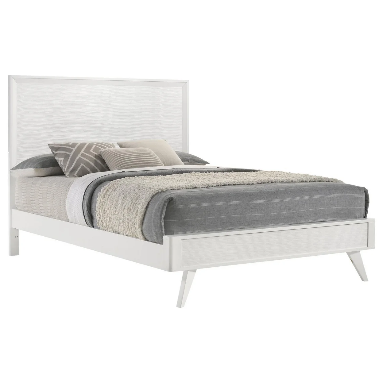 Zoe Platform King Size Bed Wave Effect Design 4 Slats Slant Legs White- Saltoro Sherpi