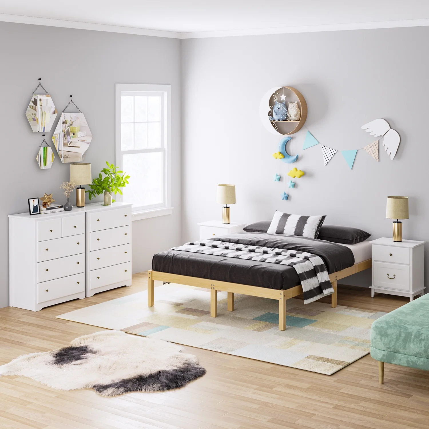 Modern Dresser of 5 Drawers, Dresser Chest with Easy Pull Handle for Bedroom, Living Room, White Finish