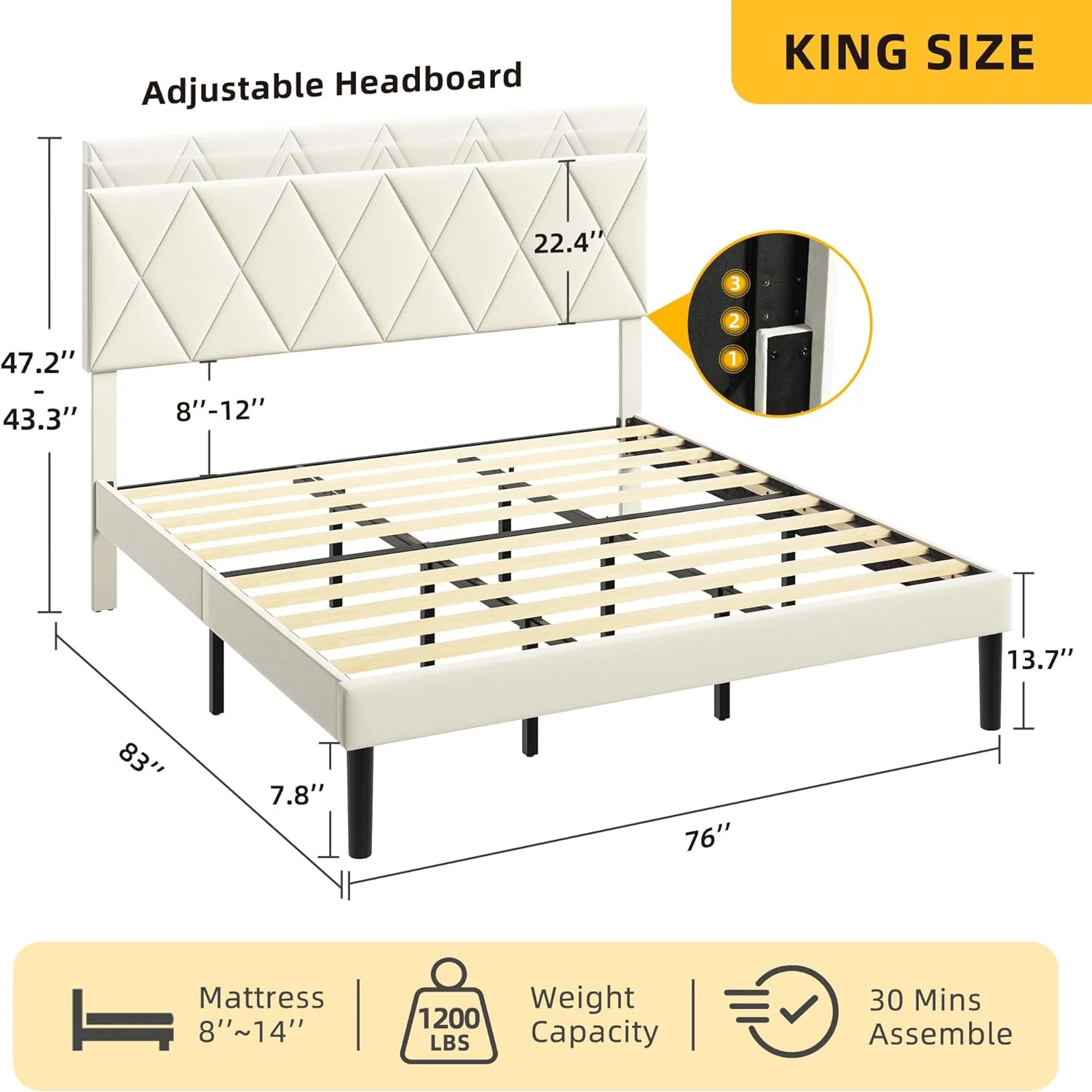 Kig Size Bed Frame With Adjustable Headboard, 14 Ich Upholstered Platform Bed With Sturdy Woode Slats Support, Hold Up To 1000Lbs, Uder-Bed Storage, o Box Sprig eeded, oise , Beige