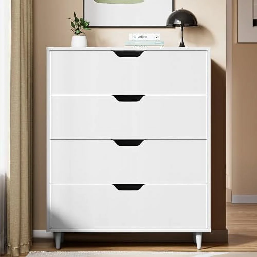 LNboomLife 4 Chest of Drawers Dresser White Dresser with Cutout Handle Modern Dresser Organizer Dresser Drawer Organizers Bedroom Living Room White