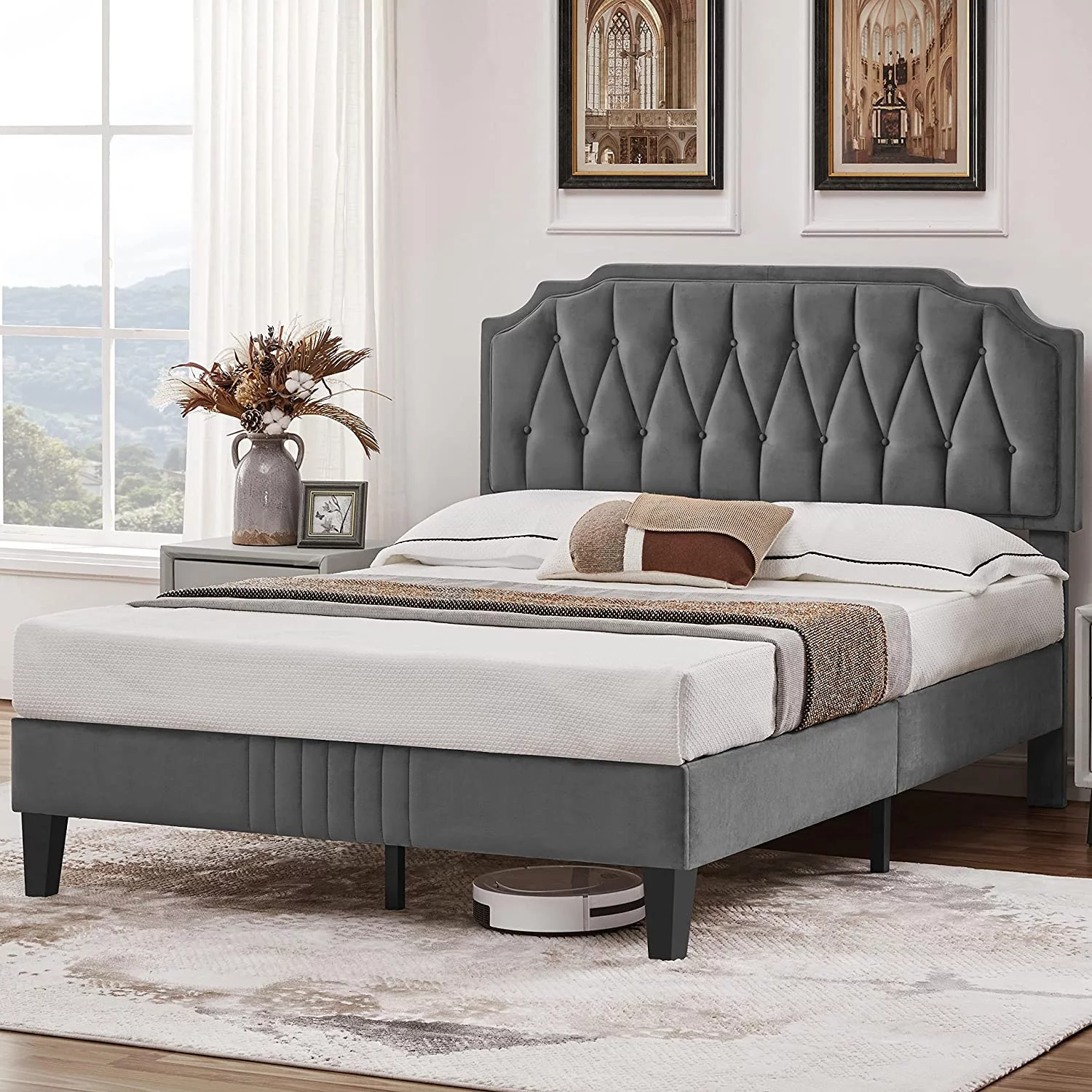 Full Bed Frame Velvet Upholstered Platform Bed with Curved Headboard, Height-Adjustable Headboard/Noise-Free/Wooden Slats Support/No Box Spring Needed/Easy Assembly, Dark Gray Full Bed