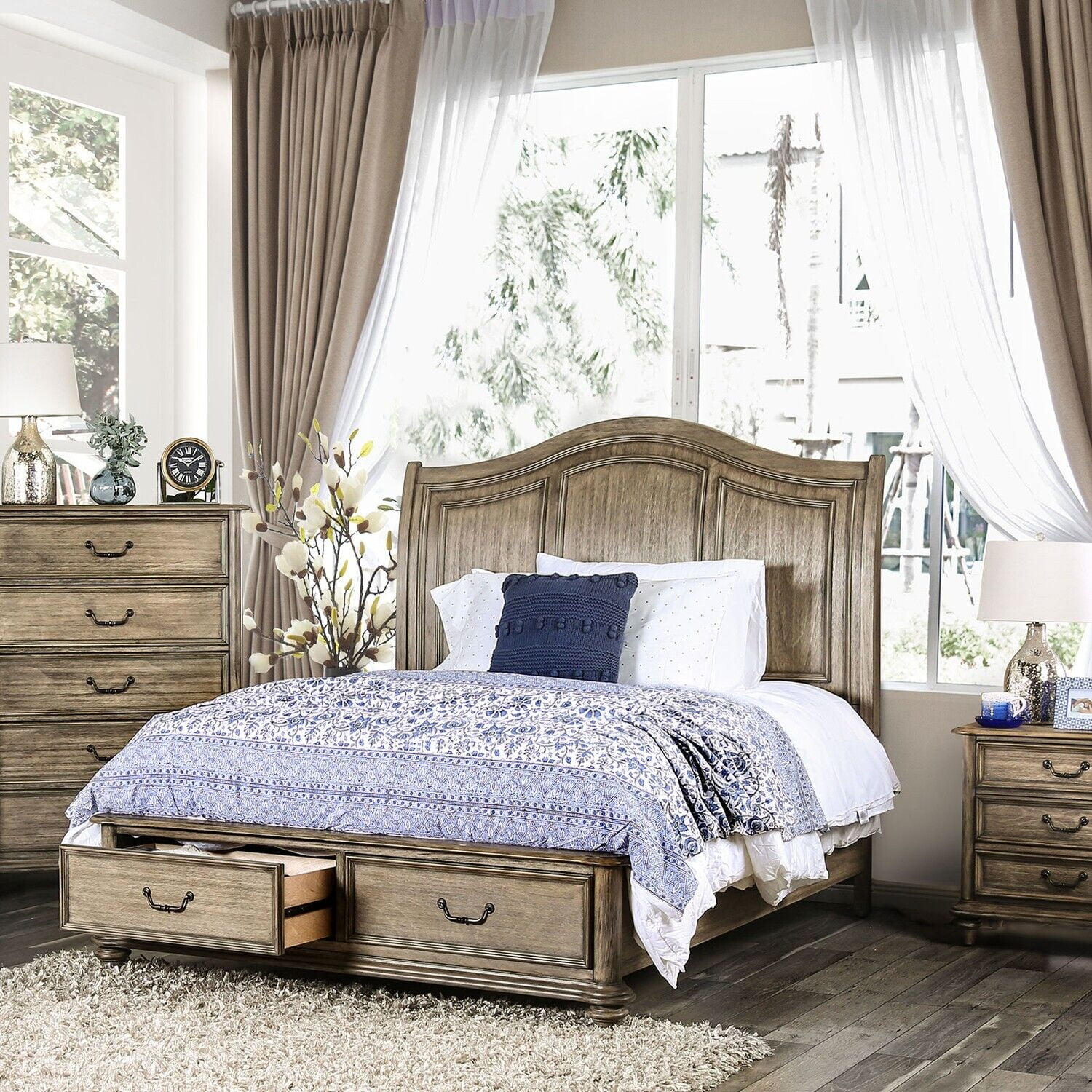 Contemporary Storage Footbaord 1pc Eastern King Size Bed Rustic Natural Tone Bedroom Furniture Camel-back Design Headboard