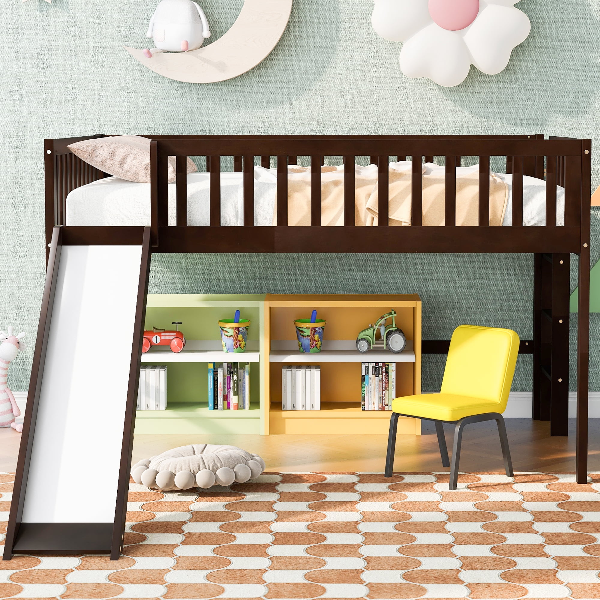 Nestfair Espresso Full Size Wood Low Loft Bed with Ladder and Slide