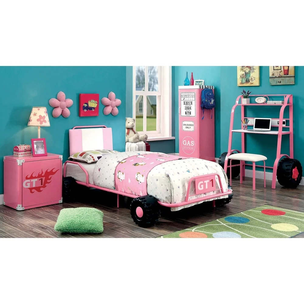 Furniture of America Tere Modern Twin Metal 5-piece Upholstered Racing Bedroom Set with USB Port by Pink