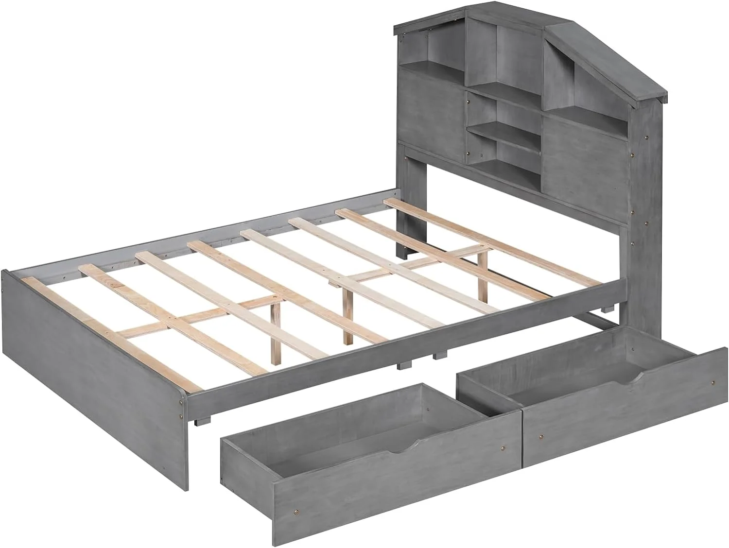 Full Size Platform Bed with House-Shaped Storage Headboard and 2 Drawers, Solid Wood Bed Frame with Storage, House Shaped Storage Bed for Bedroom