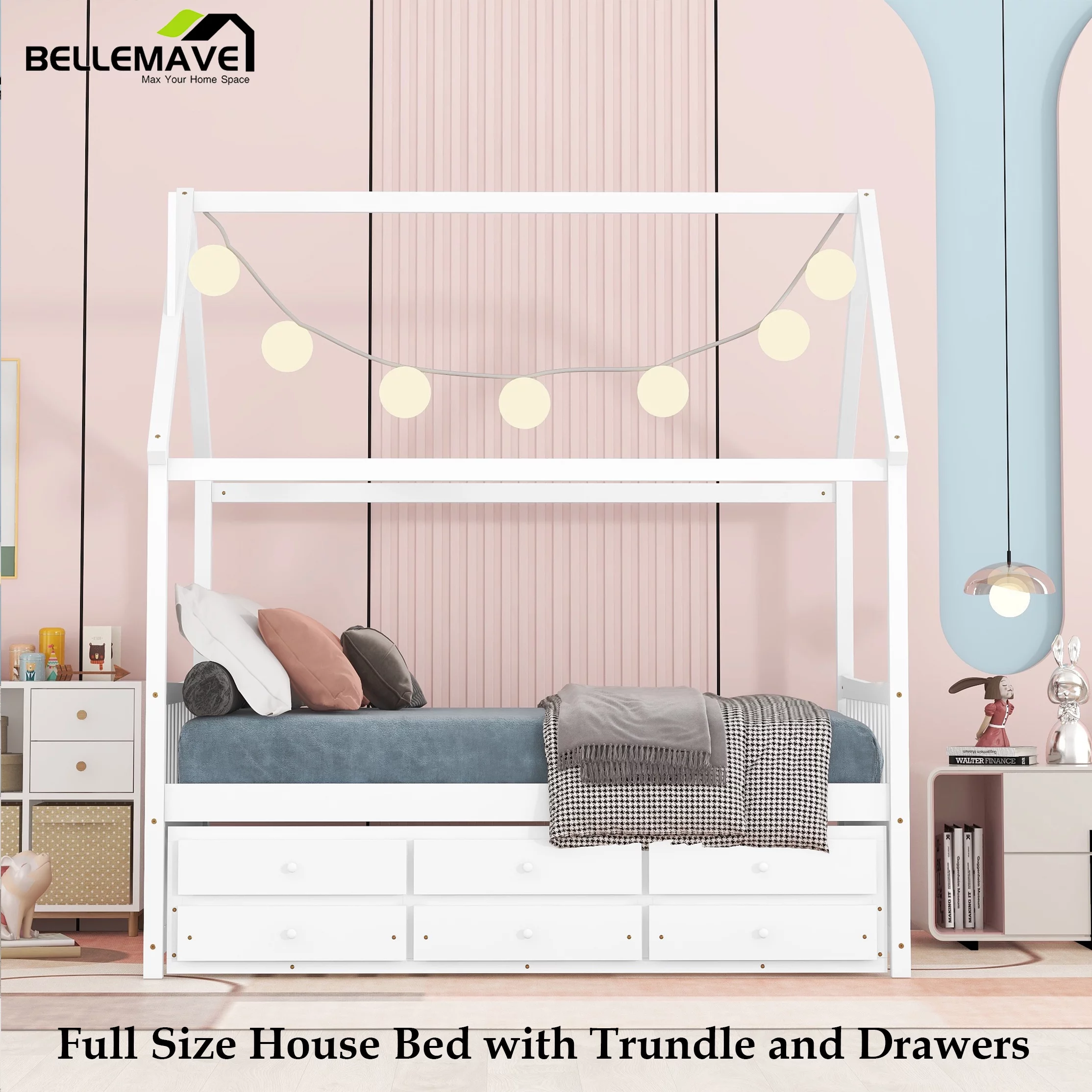 Bellemave Kids House Bed with Trundle and Drawers Full Size Platform Bed with Storage Playhouse Design Wooden Bed Frame With Roof and Headboard for Boys Girls Teens, White