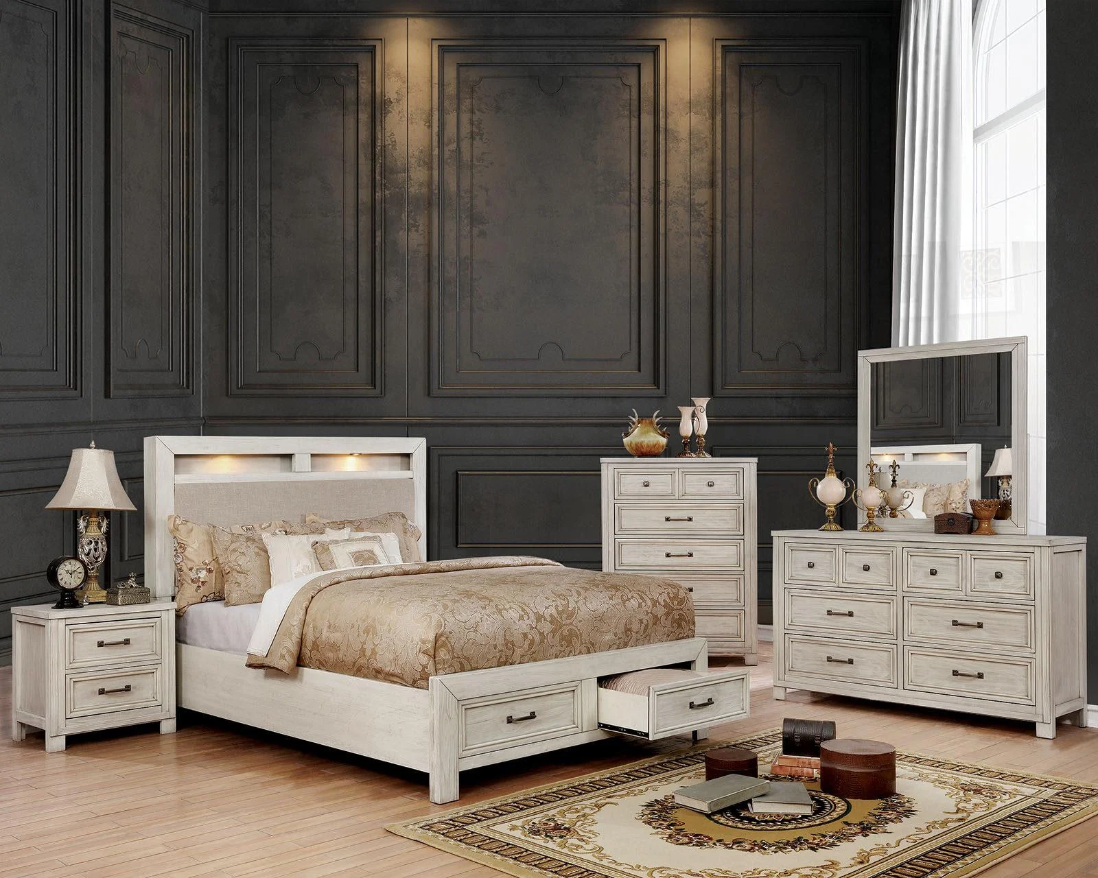 Transitional Antique White Solid Wood Queen Bedroom Set 6pcs FOA CM7365WH Tywyn