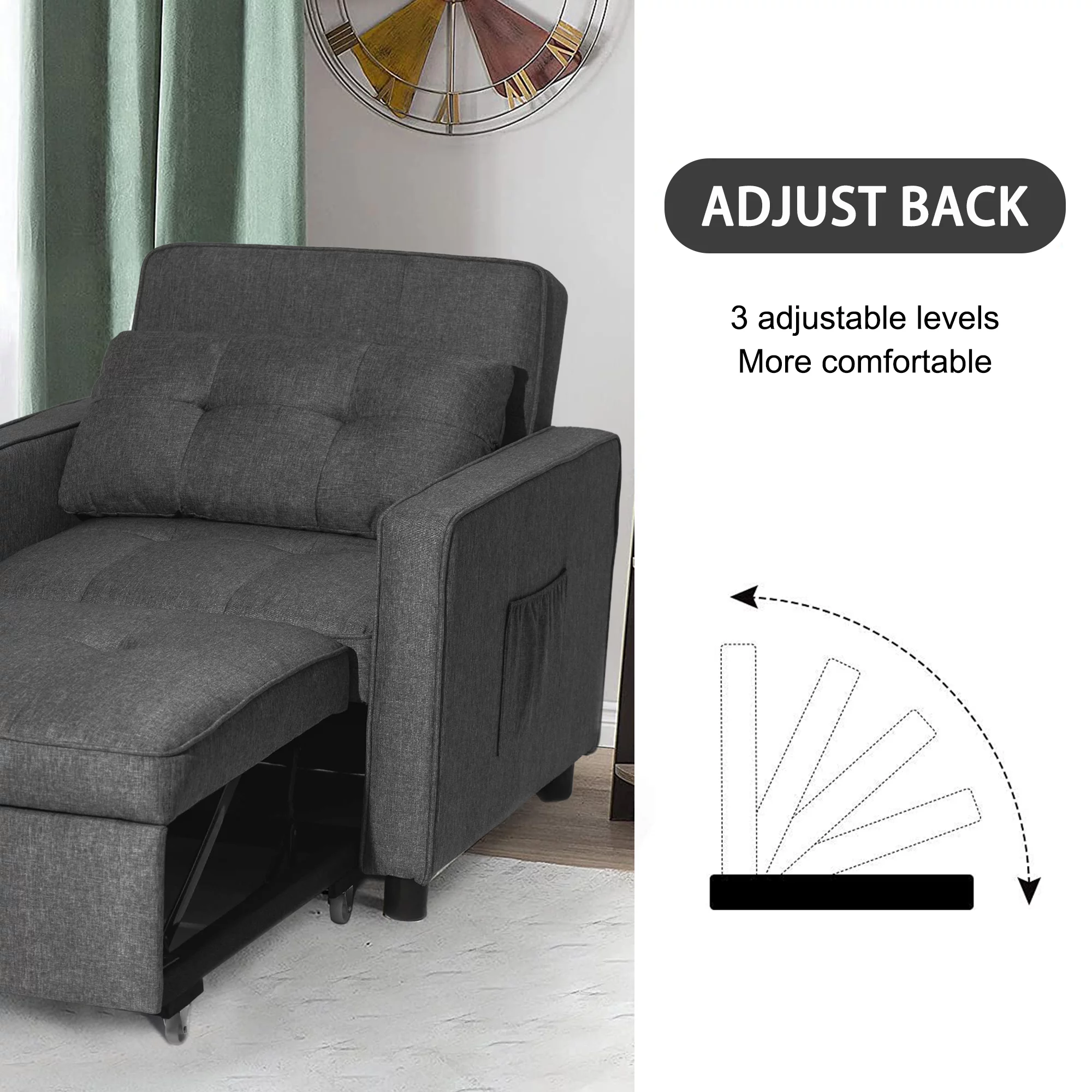 Prime Garden 3-in-1 Convertible Sofa Bed Chair Sleeper Chair for Bedroom,Living Room ,Dark Gray