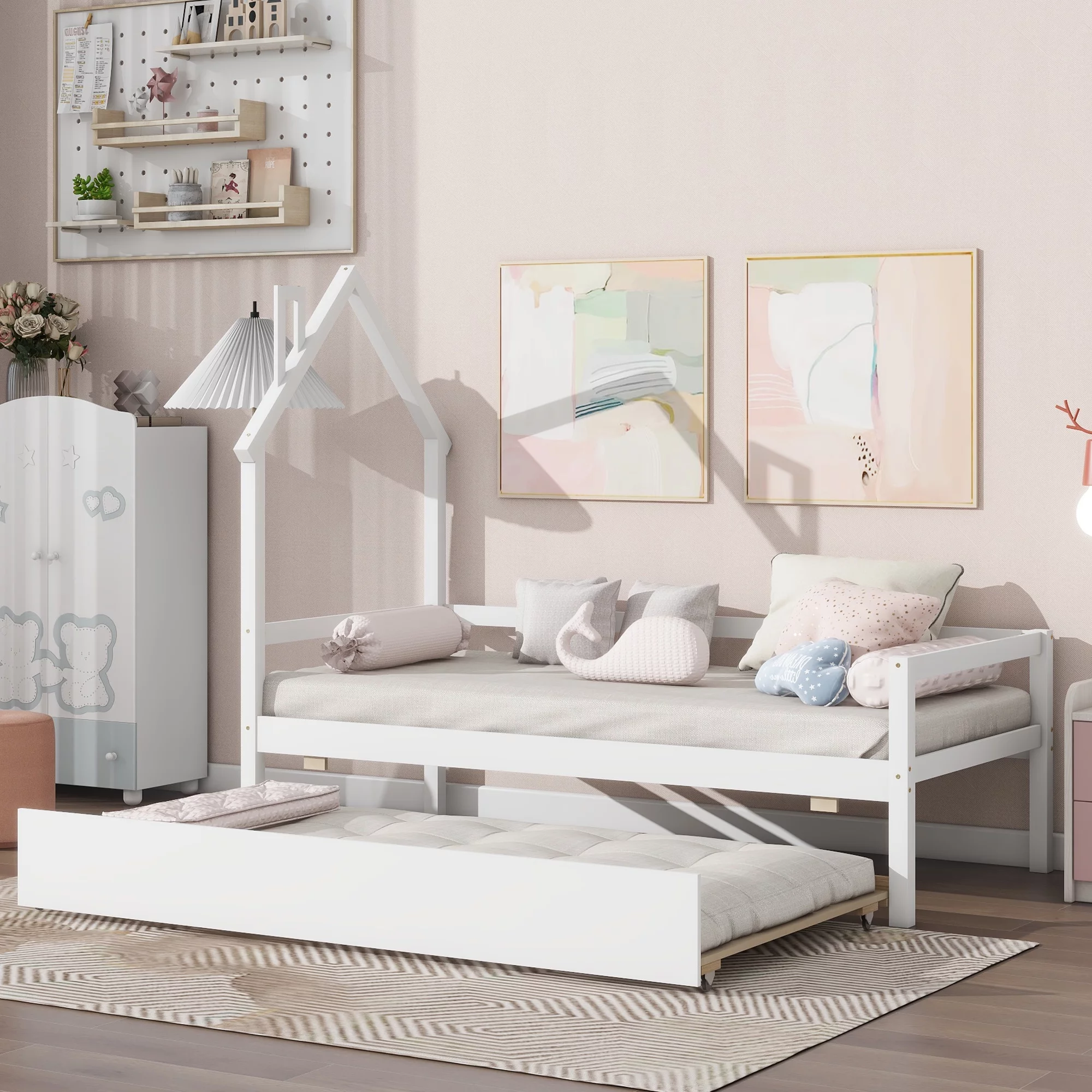 Momspeace Twin Size Daybed with Trundle, House-Shaped Headboard Bed with Guardrails Roof for Kids Bedroom, White