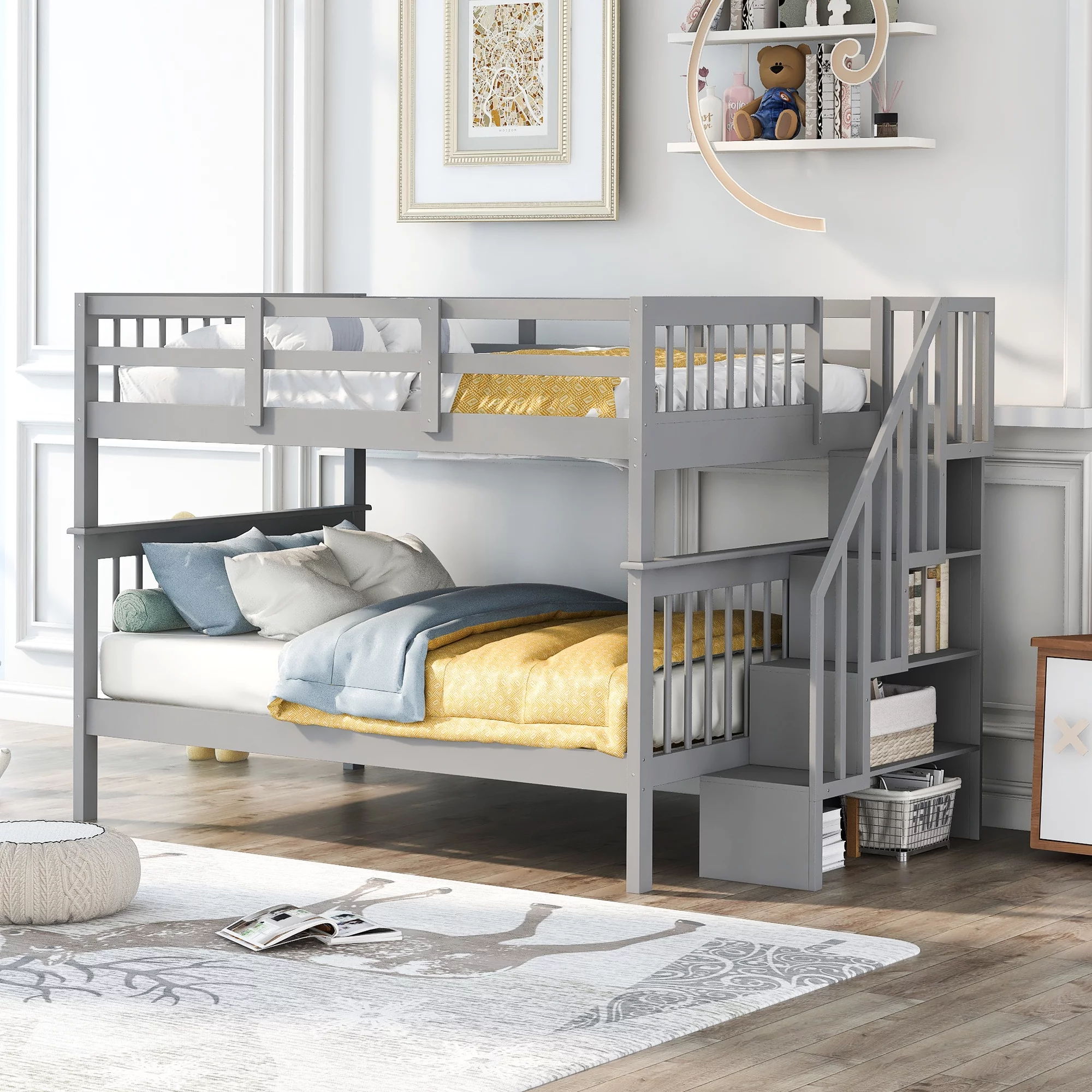 Abanopi Stairway Full-Over-Full Bunk Bed with Storage and Guard Rail for Bedroom, Dorm, Gray