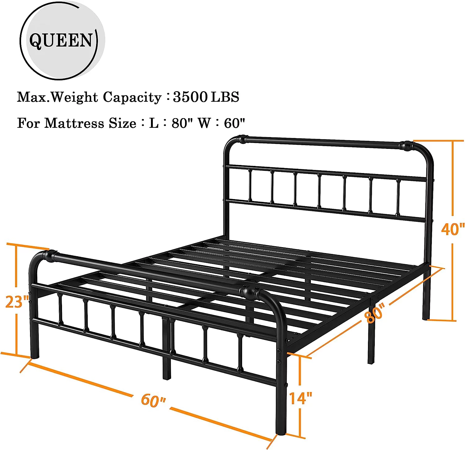 QCAI Queen Bed Frame with Headboard and Footboard,14 Inch High, Heavy Duty Steel Slats with 3500lbs Support for Mattress, No Box Spring Needed,Noise Free, Easy Assembly, Black