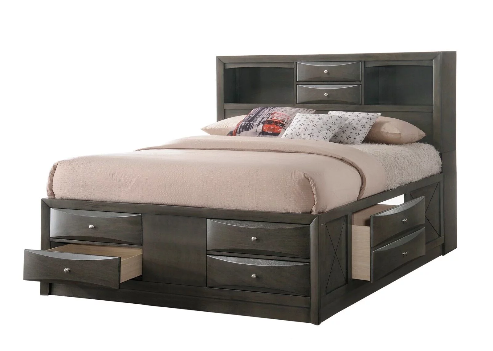 Contemporary King Size 4pc Bedroom Set Storage Drawers Bed Dresser 2x Nightstands Grey Finish Wooden Furniture