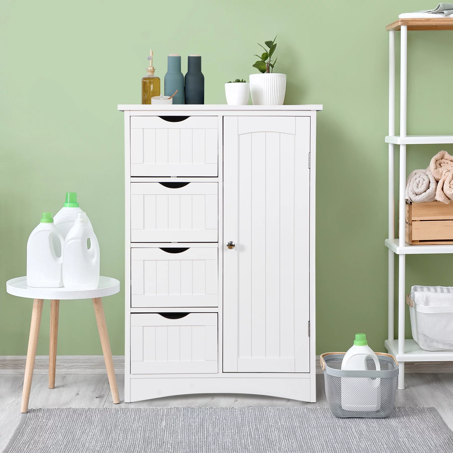 HomGarden Bathroom Floor Cabinet Kitchen Side Storage Organizer W/ 4 Drawers & 1 Cupboard, White