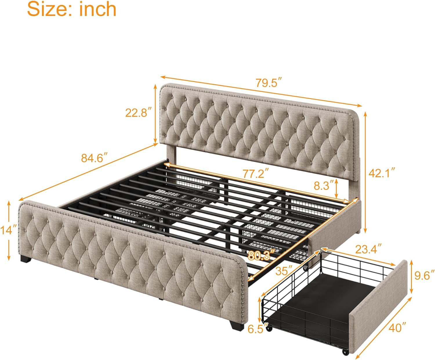 King Size Upholstered Platform Bed Frame with 4 Storage Drawers, Metal Bed Frame with Button Tufted Headboard and Footboard Sturdy Wood Slat Support, No Box Spring Required
