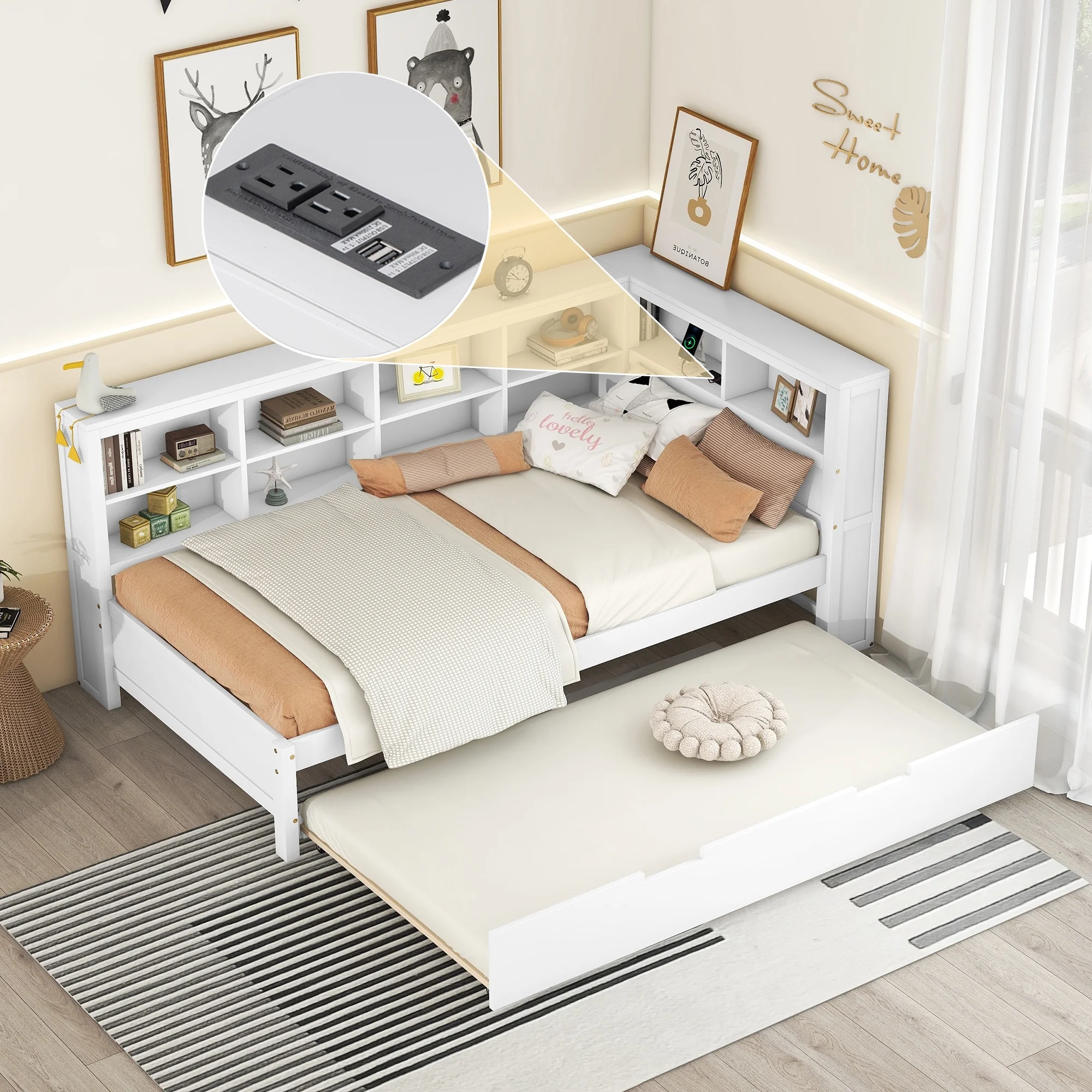 Churanty Twin Size DayBed with Trundle, Wooden Platform Bed with Storage Shelf and USB Charging Ports, Low Floor Bed for Kids Teens Adult Bedroom,White