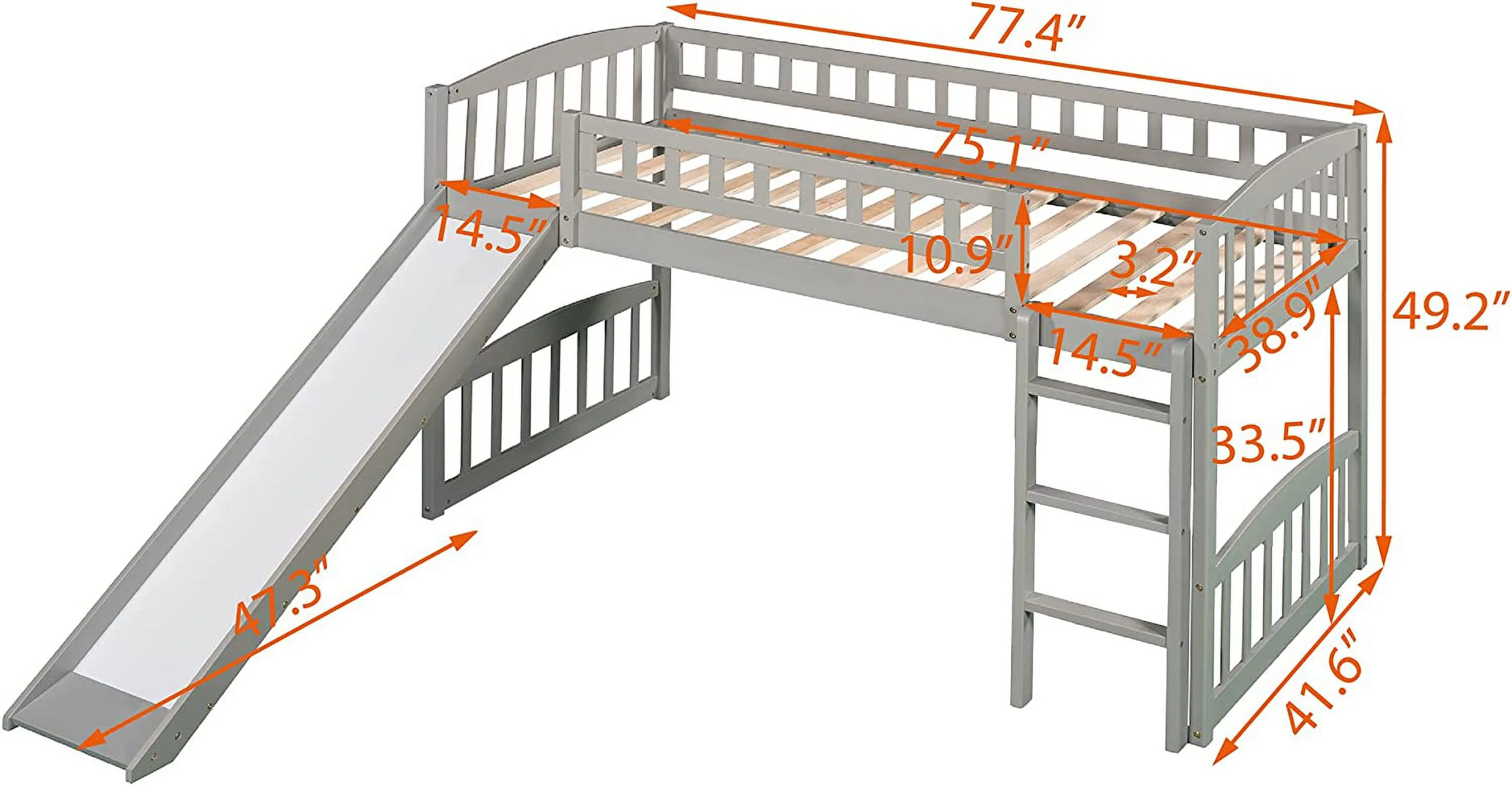 Size Loft Bed With Slide, Wood Low Loft Bed Frame With Ladder, Guardrail For Kids Bedroom, No Box Spring Needed (Grey)
