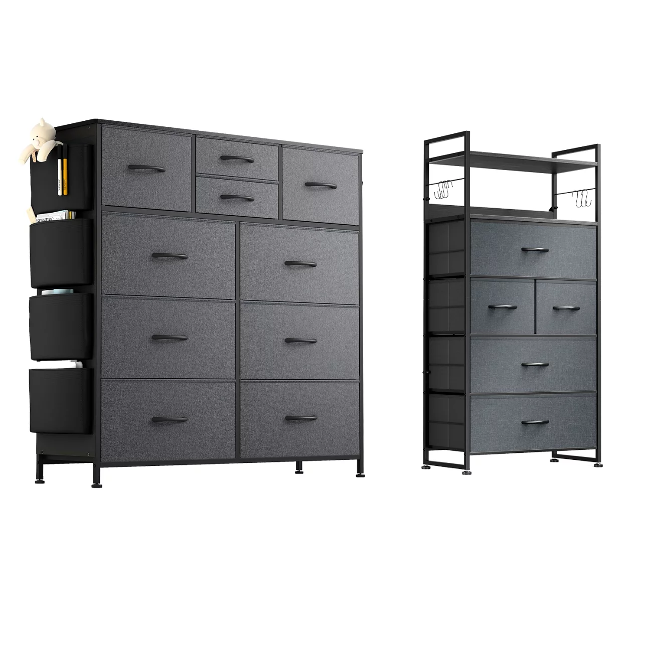 Lulive 10 &5 Drawer Gray Dresser Bundle, Chest of Drawers for Bedroom with Side Pockets and Hooks, Fabric Storage Dresser, Organizer Unit for Hallway, Closet