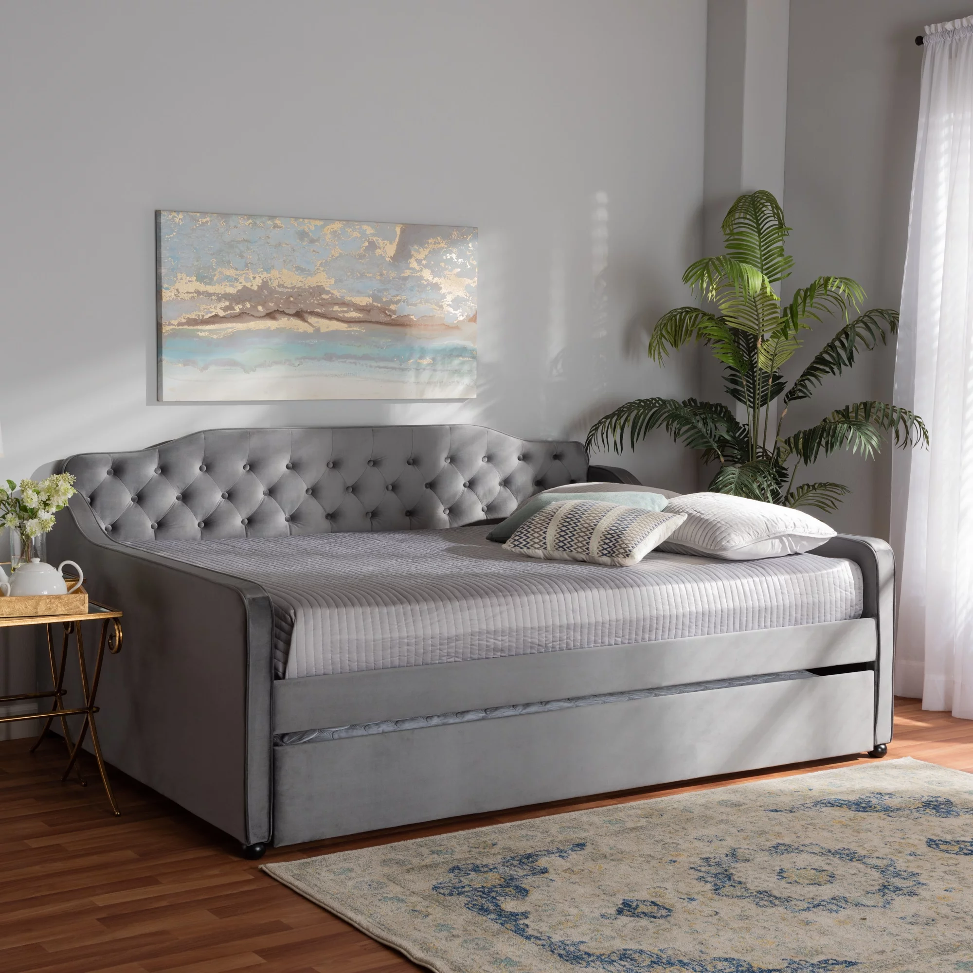Silver Orchid Titus Contemporary Tufted Velvet Daybed with Trundle Grey Full