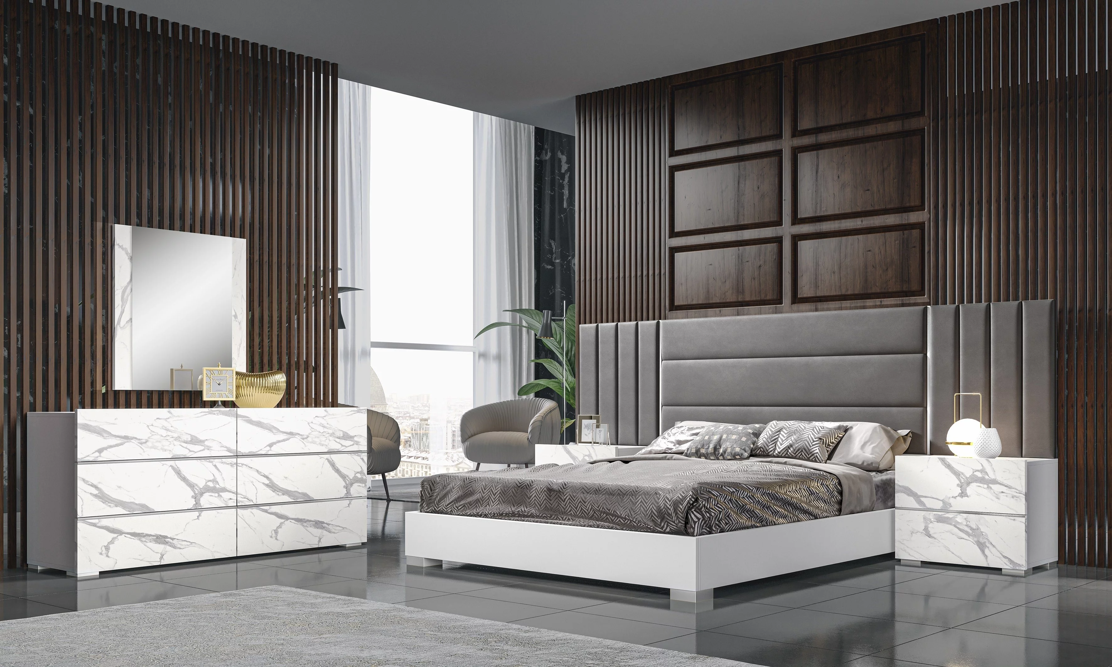J&M Furniture Nina Premium Bedroom with 6 piece queen bed, chest ,dresser ,mirror and 2 nightstand ,queen bedroom set
