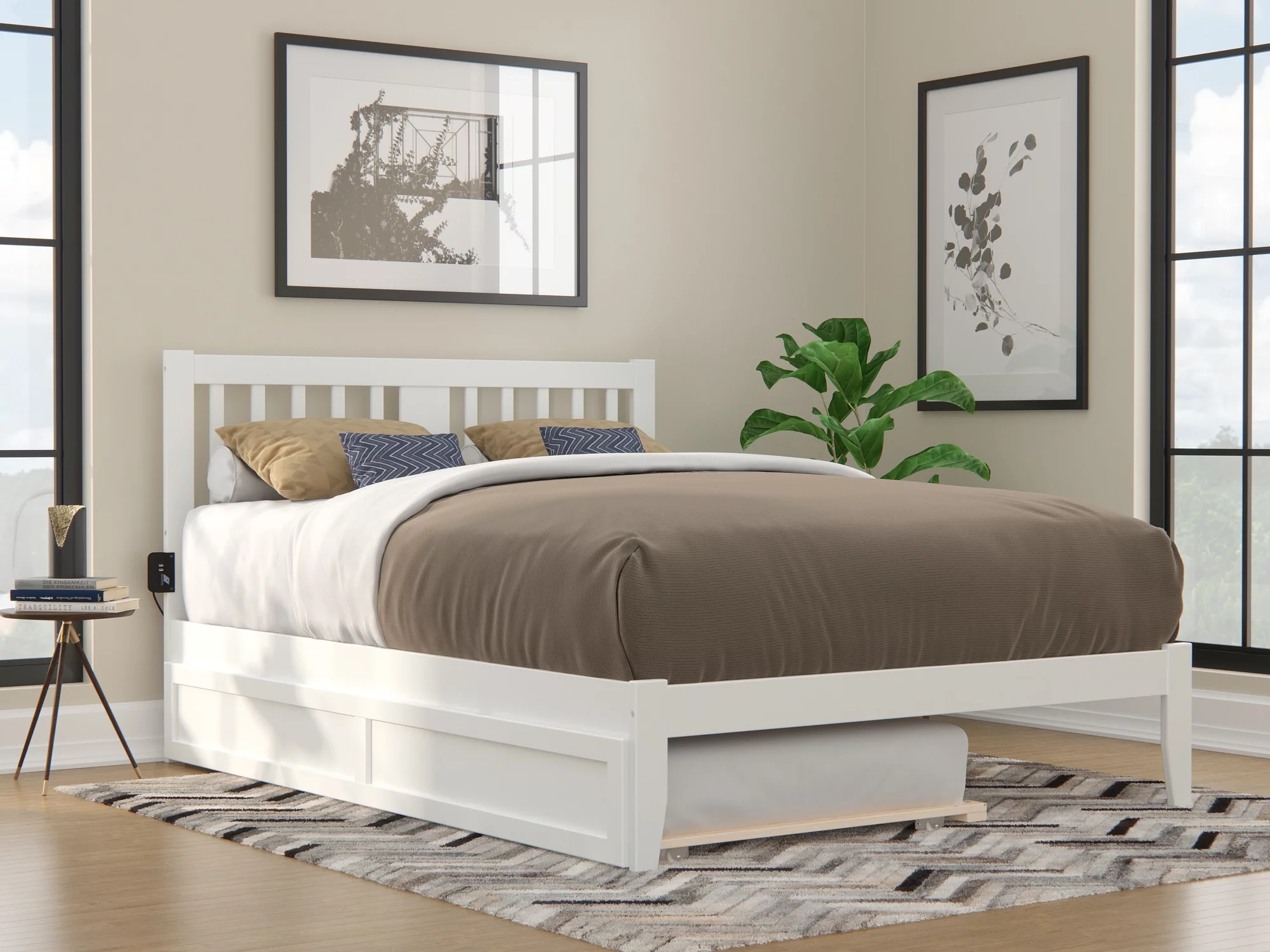 Tahoe Queen Bed with USB Turbo Charger and Twin Extra Long Trundle in White