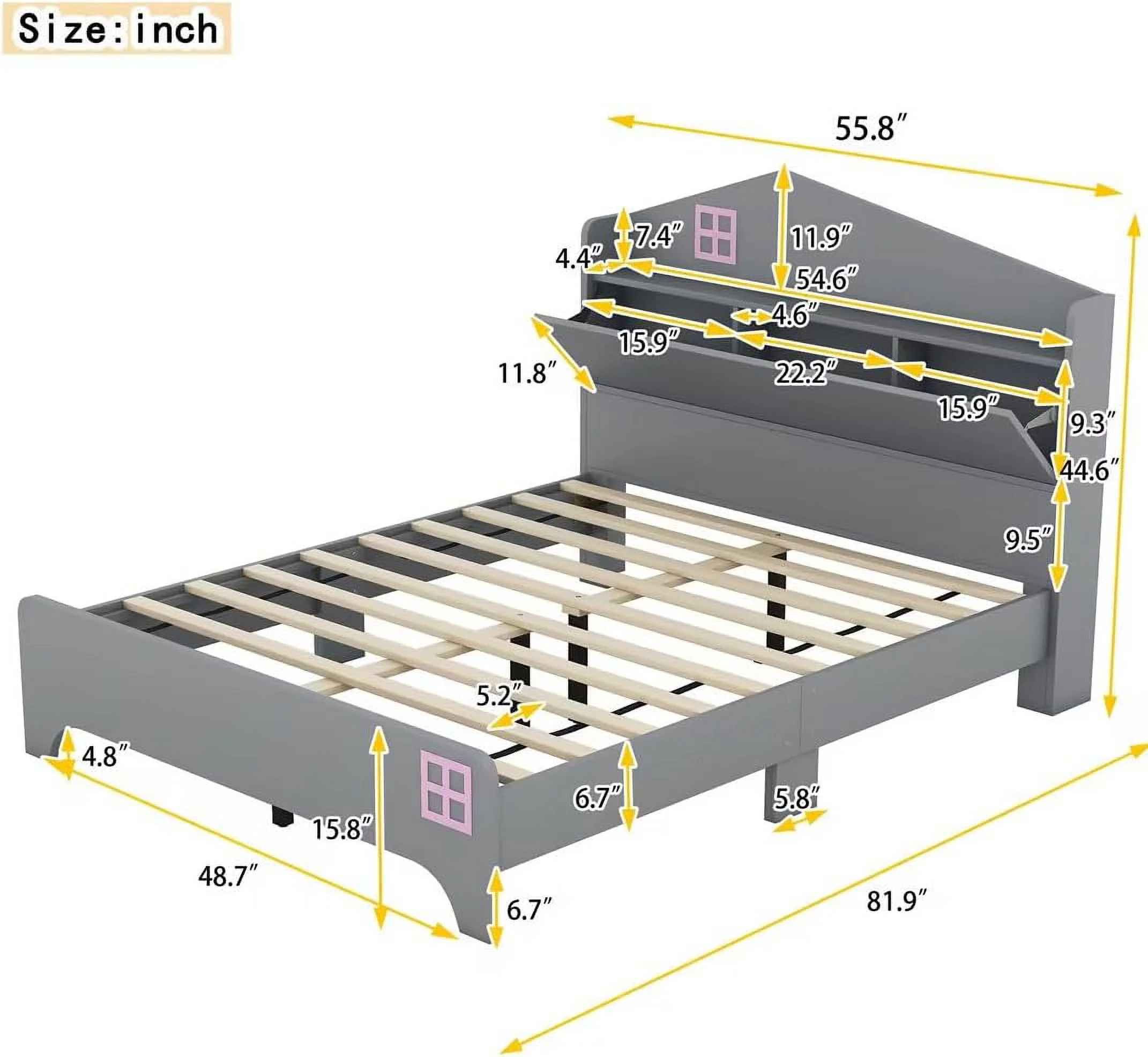 Full Size Kids Bed Frame With Storage Headboard, Wood Full Platform Bed With Storage Shelf, Full Storage Bed Frame For Girls Boys, o Sprig eeded, Grey