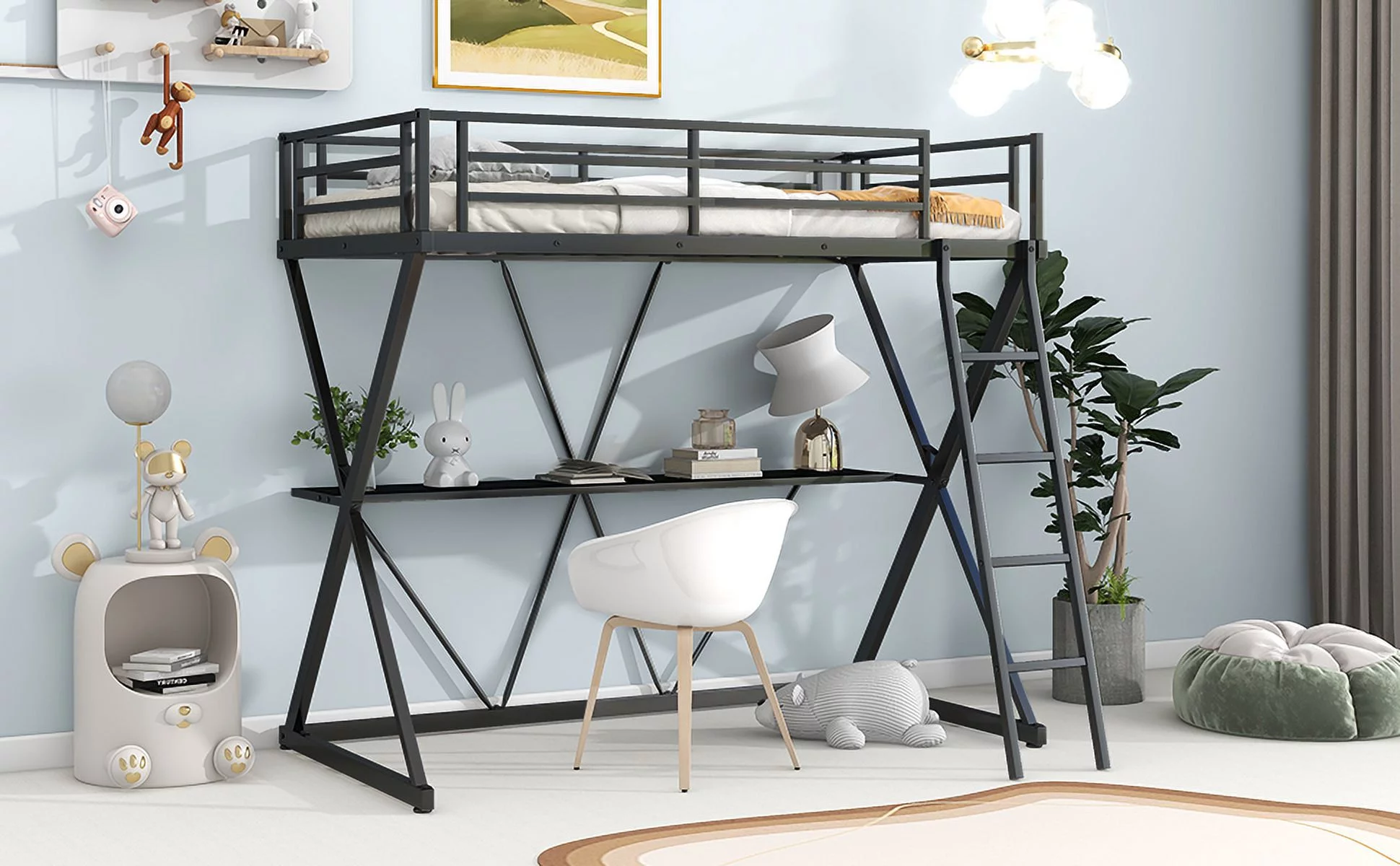 Docooler Twin Size Loft Bed with Desk and Ladder, X Shaped Frame, Black Perfect for Small Spaces and Study Areas