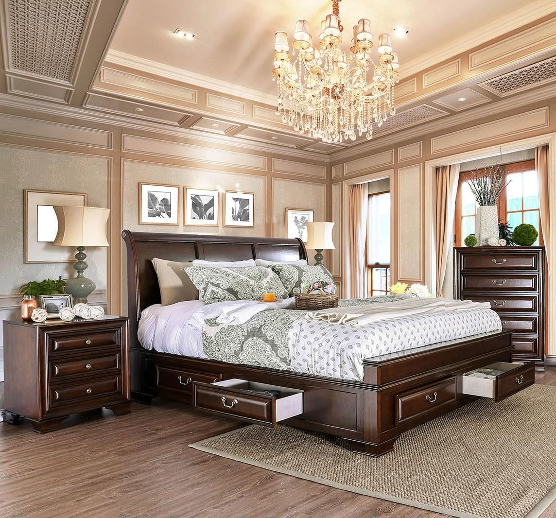 Transitional Brown Cherry Solid Wood King Bed FOA CM7302CH Brandt