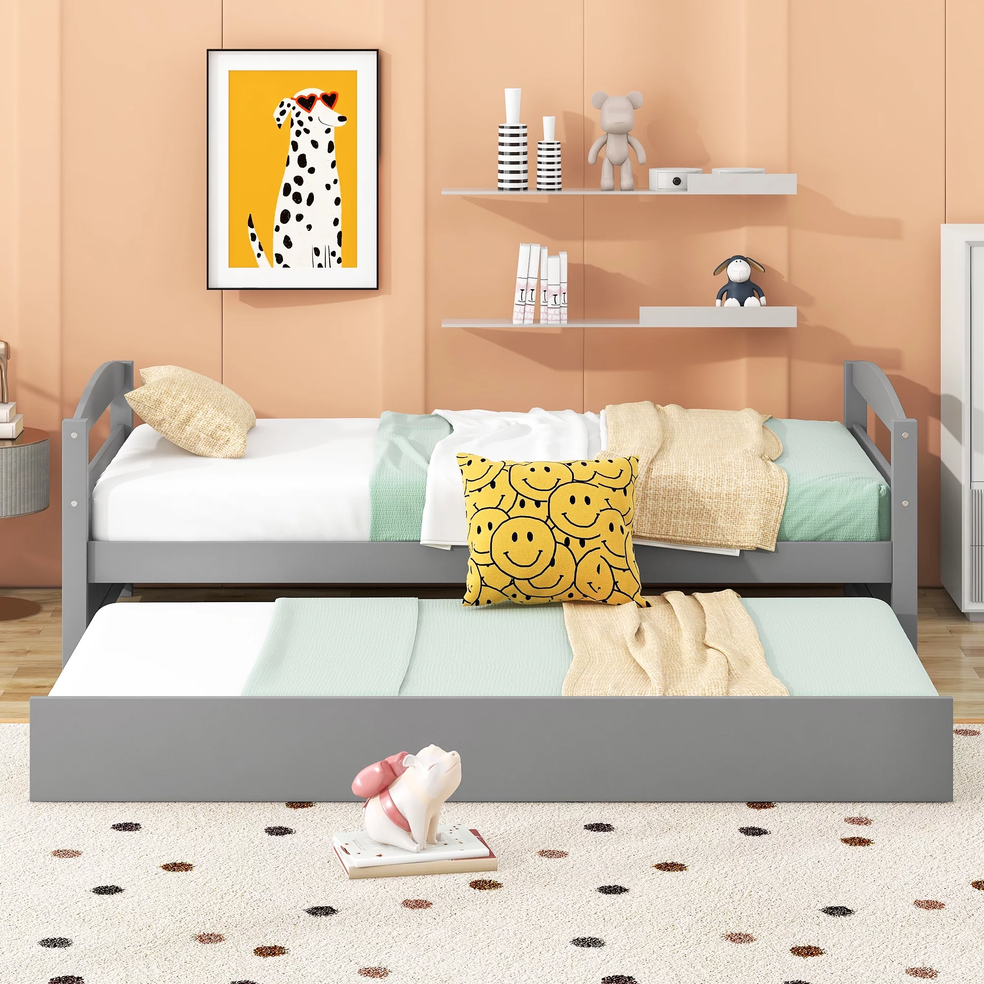 Euroco Twin Wood Daybed with Trundle, Gray