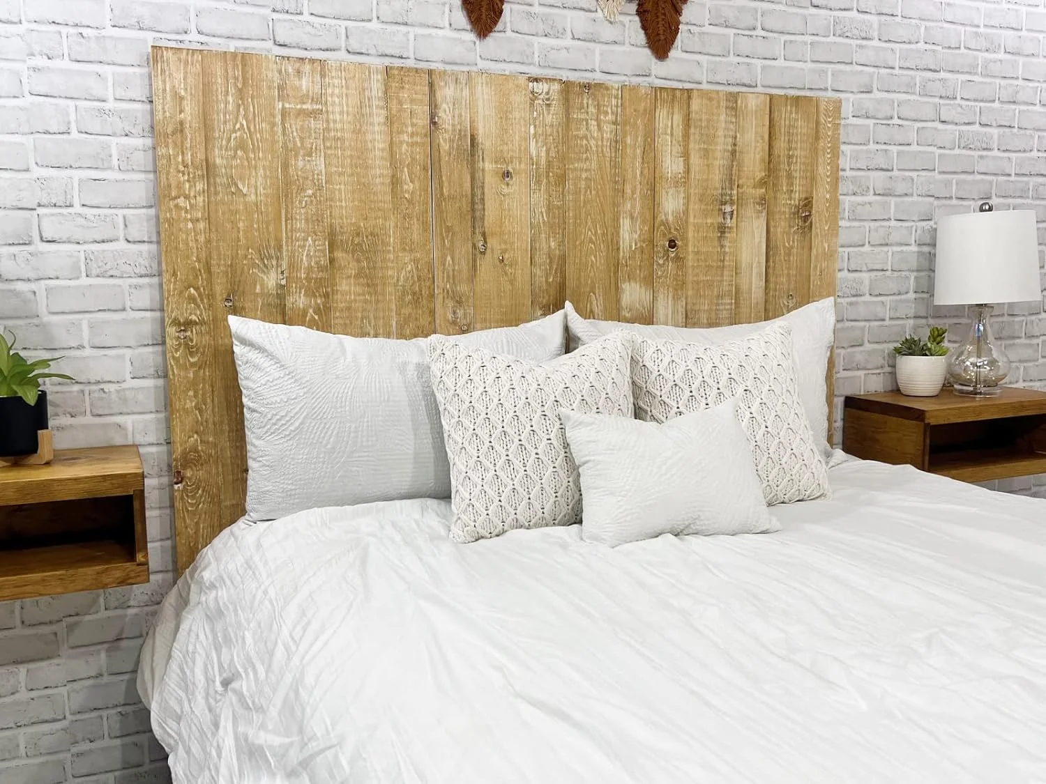 Boho Whitewash Headboard, Bohemian Design, Solid Wood Headboard, Floating Panels, Wall Mount, Adjustable Height, Easy Assembly, Full Size