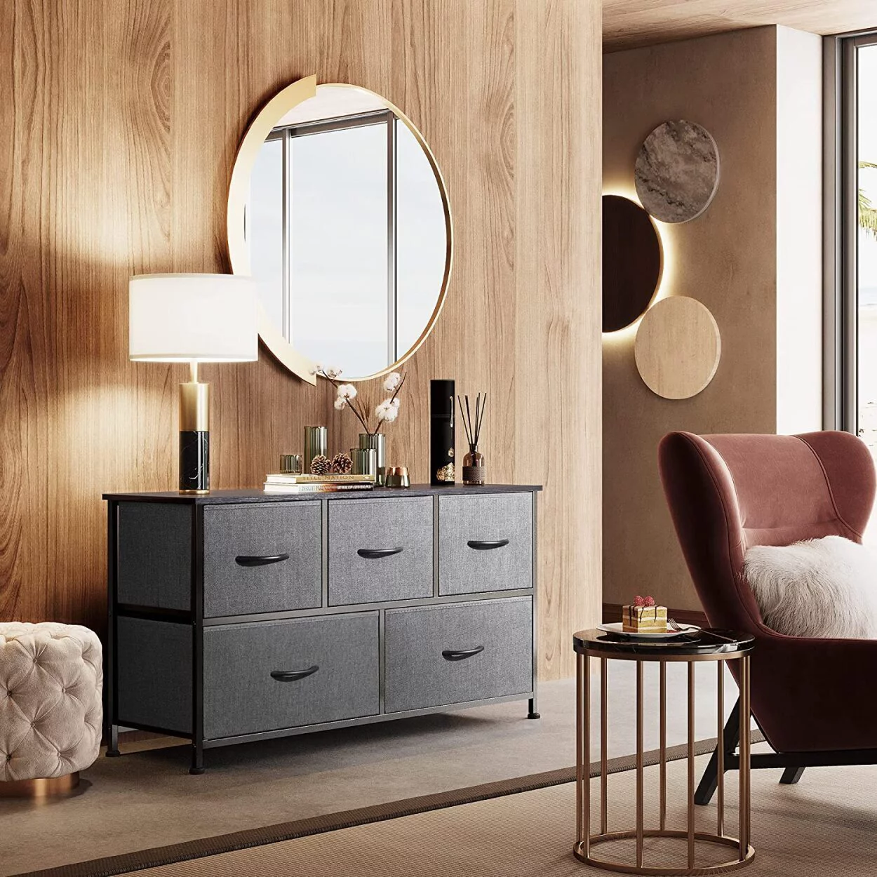 Dresser for Bedroom with 5 Drawers, Wide Chest of Drawers, Fabric Dresser, Storage
