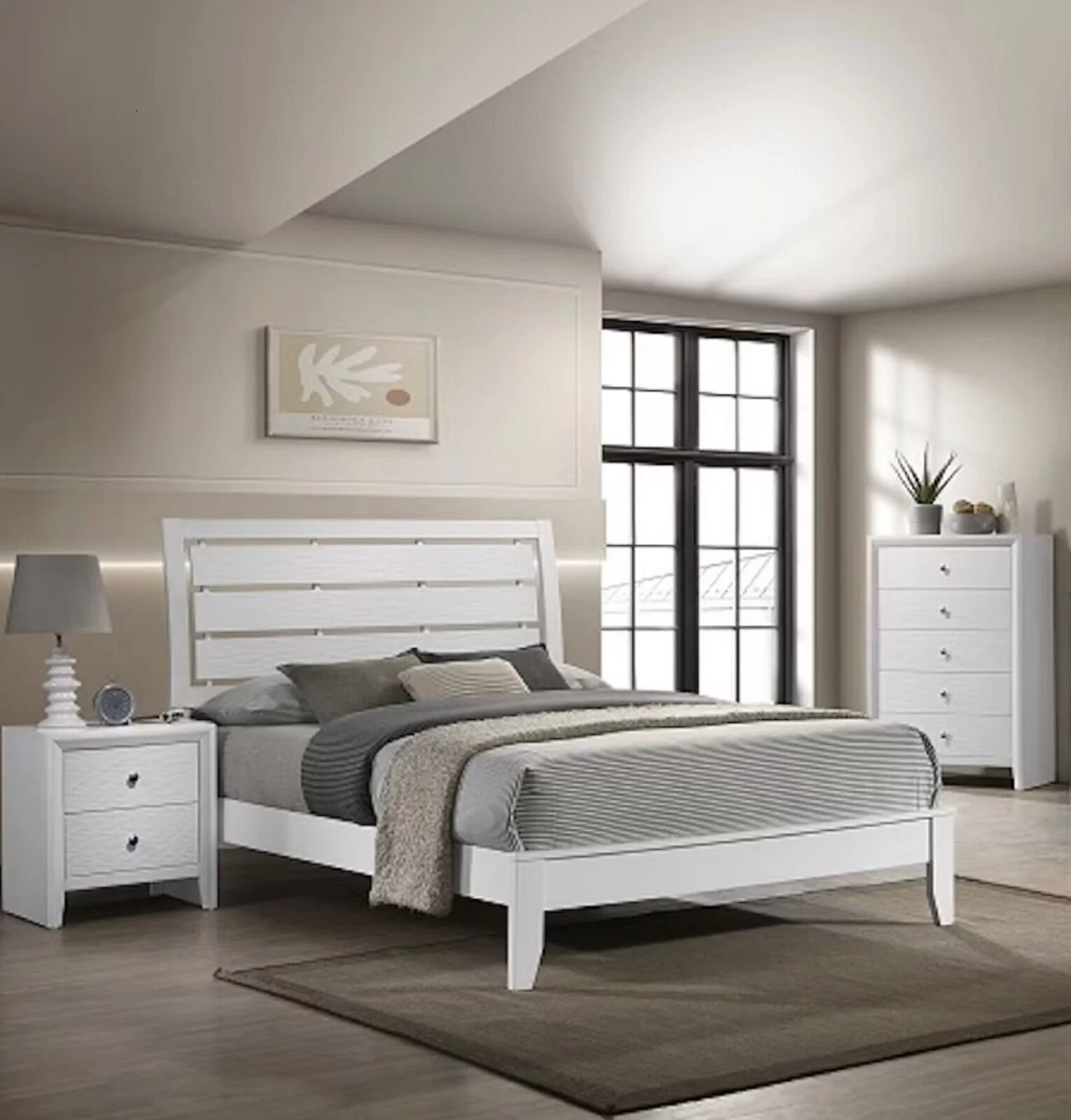 3pc Beautiful White Finish Queen Size Panel Bed Chest Nightstand Set Wooden Bedroom Furniture