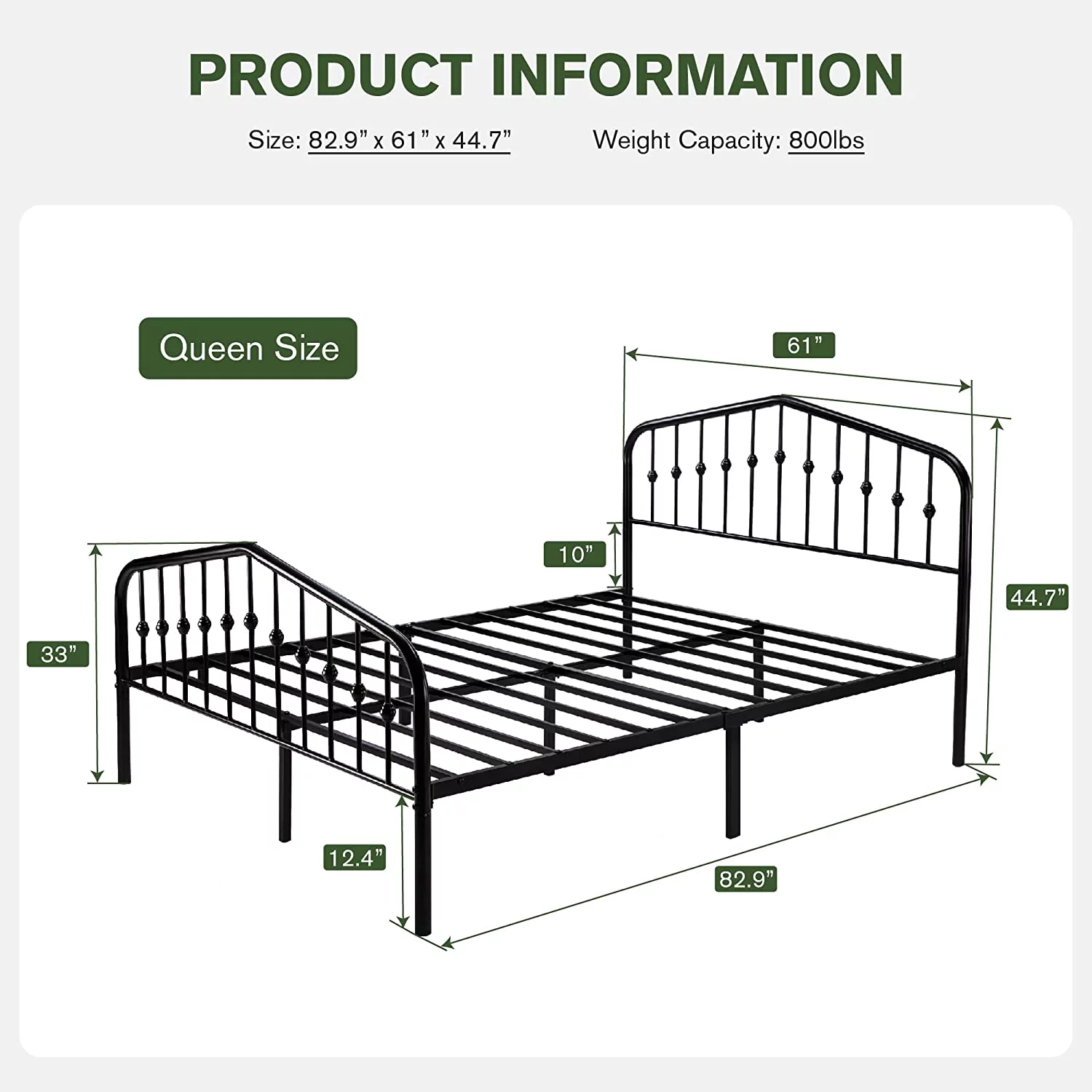 Popular Platform Queen Size Metal Bed Frame with Vintage Headboard and Footboard  Heavy Duty Bed Frame with Large Storage  No Box Spring Needed  Easy Assembly  Black