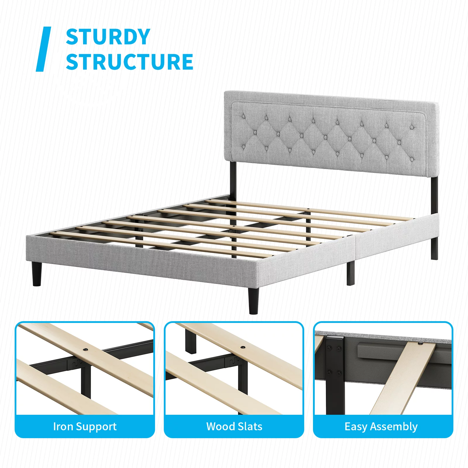 MUZZ Modern King Size Button Tufted Bed Frame, Upholstered Line Platform Bed Frame with Adjustable Headboard/ Strong Wood Slats Support/ Mattress Foundation/ Easy Assembly | Light Grey, King