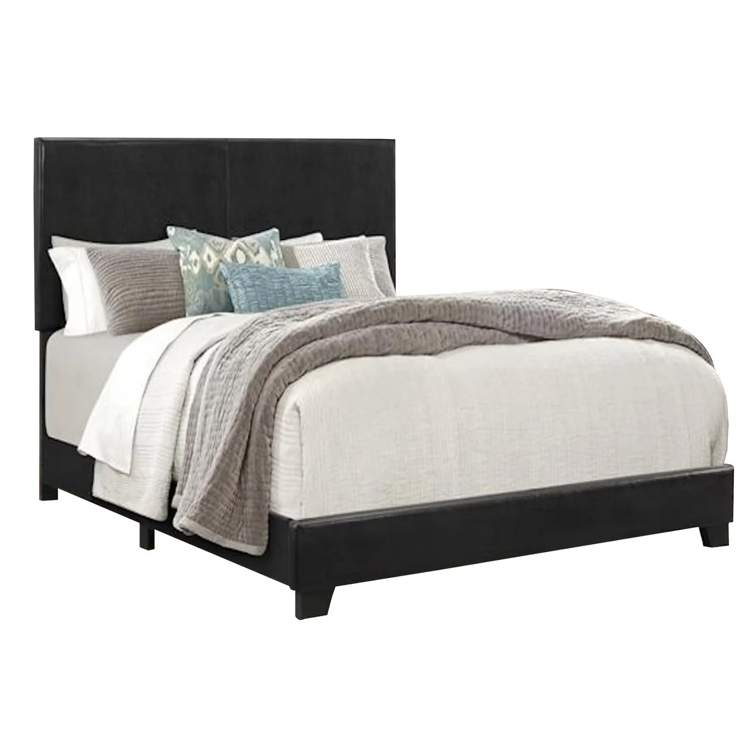 Benjara Shirin Queen Size Bed, Wood, Nailhead Trim, Upholstered Headboard, Black