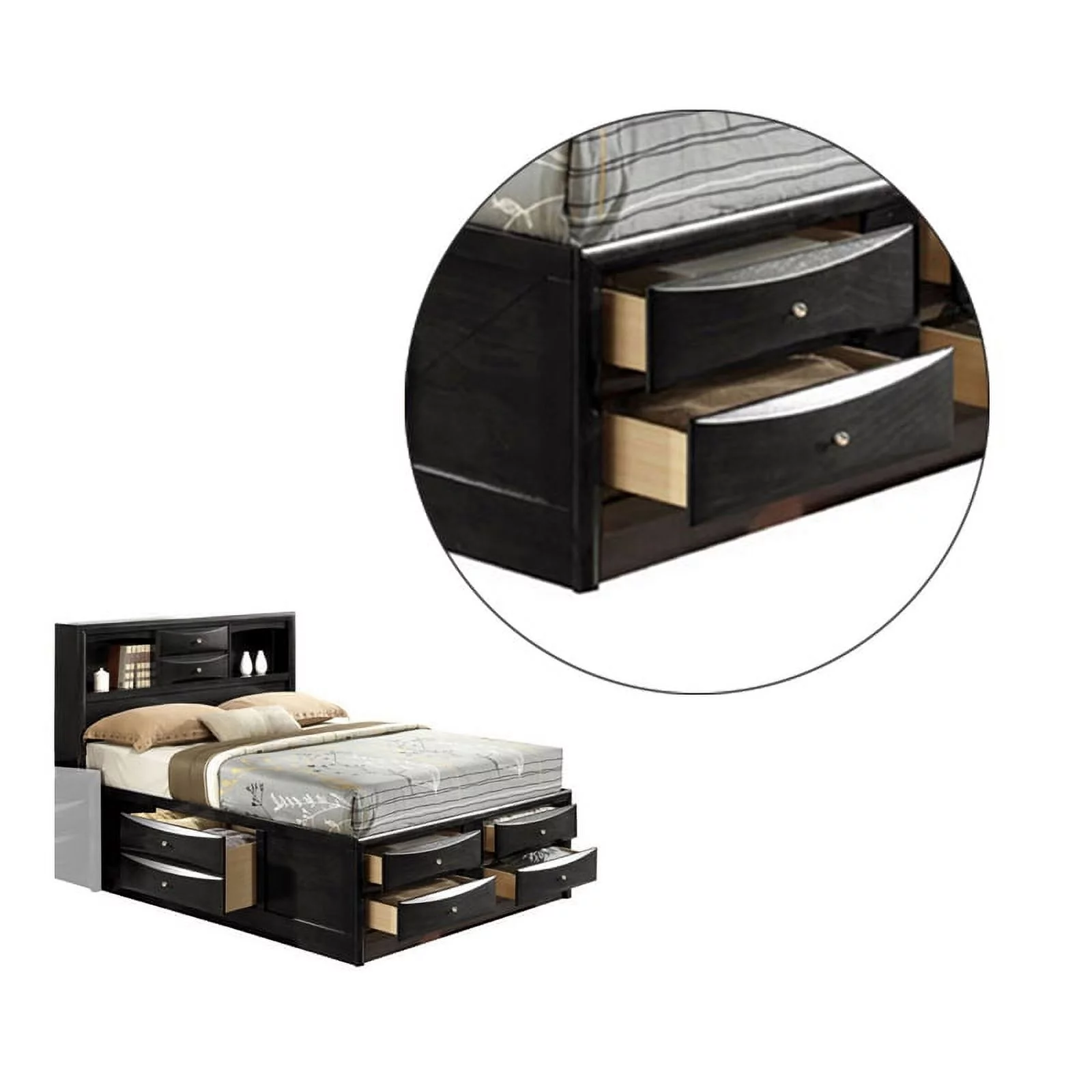Benjara BM225711 Panel Design Eastern Bed with Bookcase & Drawers, Black - King Size