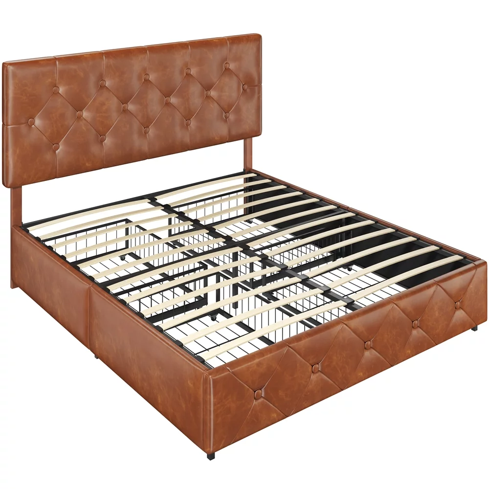 Easyfashion Diamond Button-Tufted Upholstered Platform Bed with Storage, Queen, Amber Brown