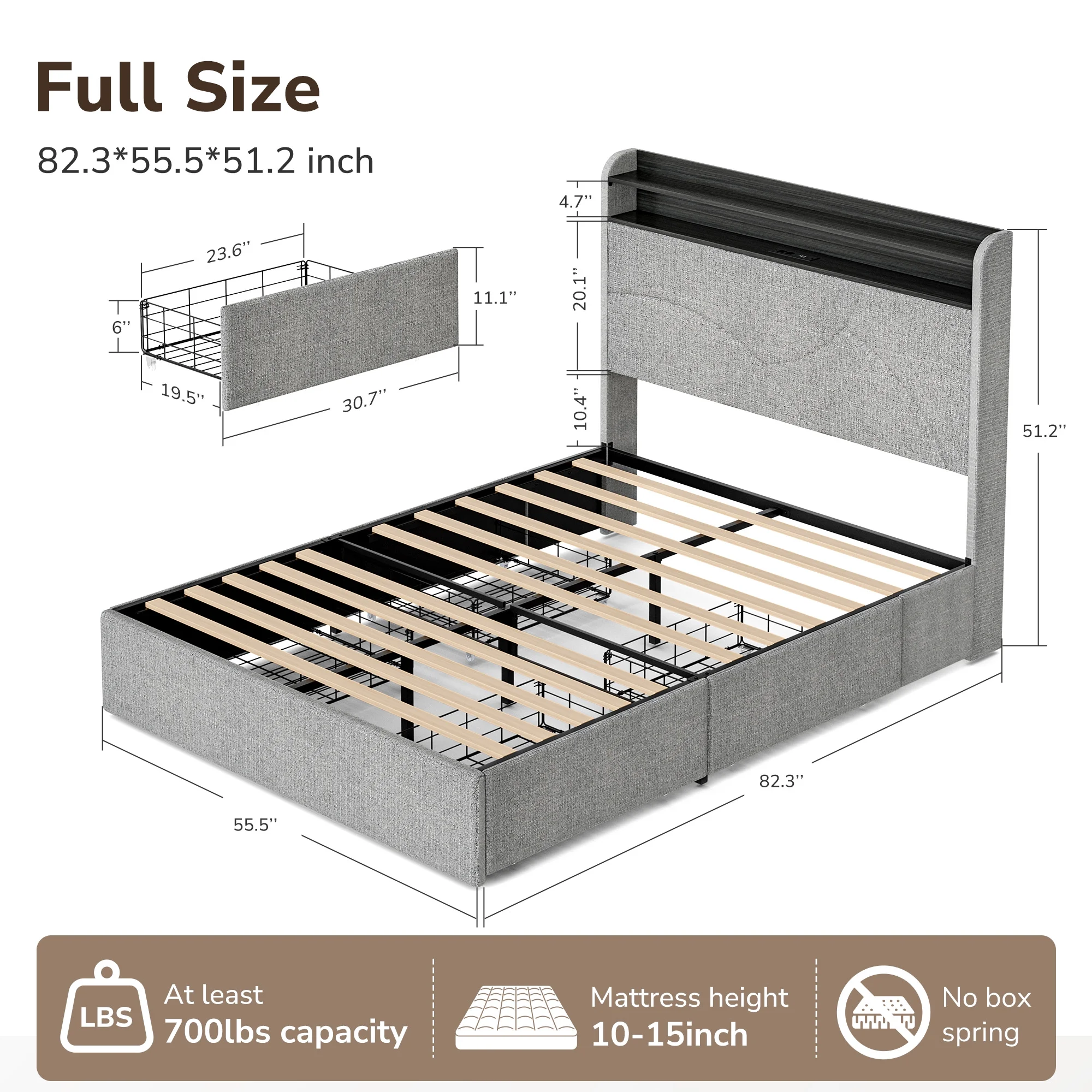BELLEZE Full Size Bed Frame with 4 Drawers, Storage Headboard & Charging Station, Bed Frame with LED Lights, Platform Full Bed Frame with Storage, No Box Spring Needed - Cove (Grey)