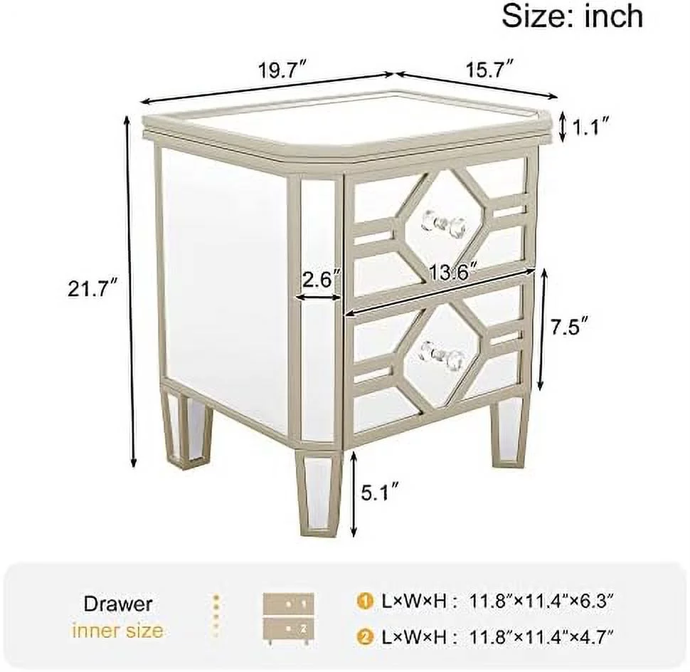 GEROBOOM Mirrored Small Dresser 2-Drawer Nightstand End Table with Golden Lines with for Living Room Bedroom(Silver)