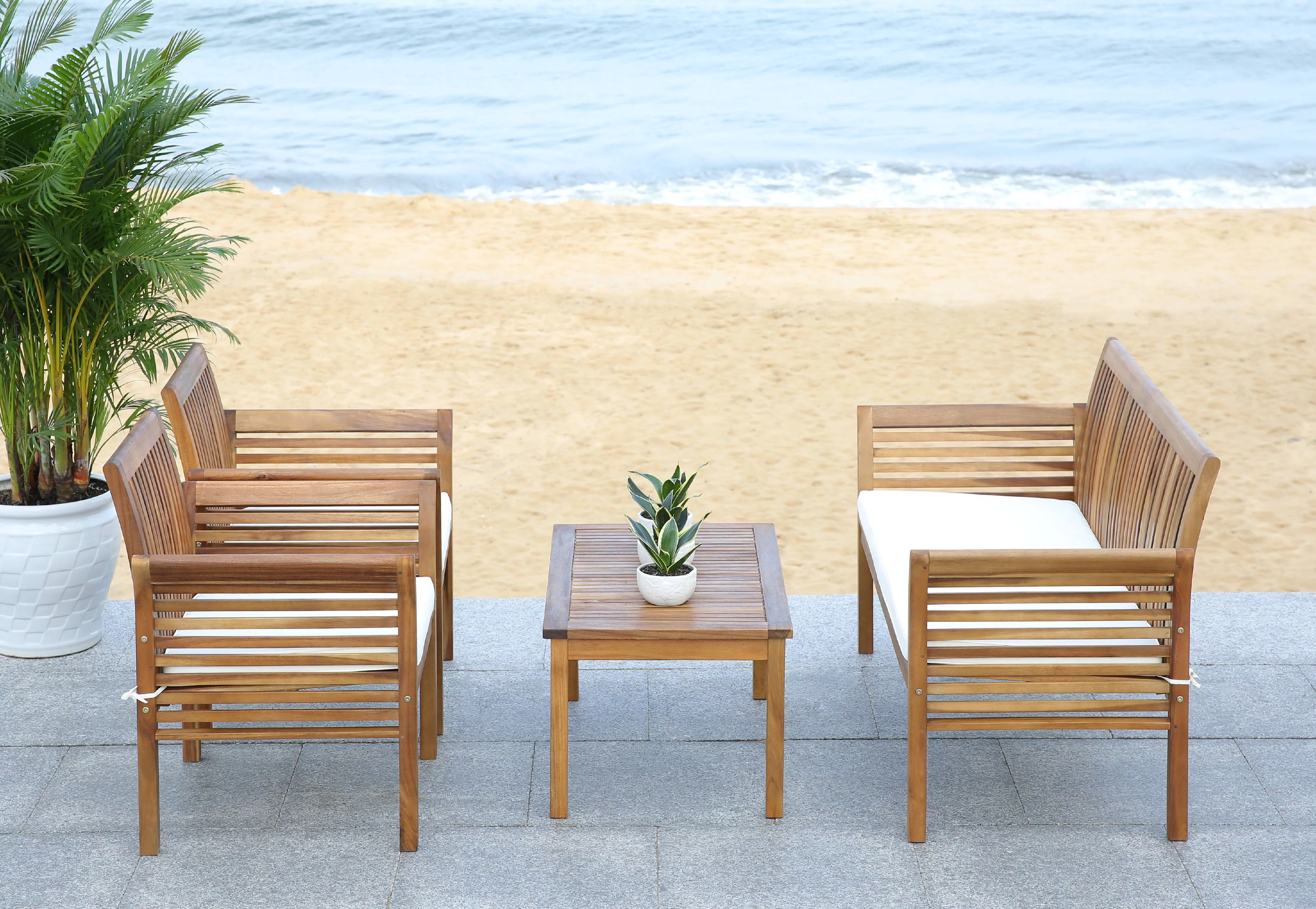 SAFAVIEH Outdoor Collection Carson 4-Piece Patio Set Natural/Beige